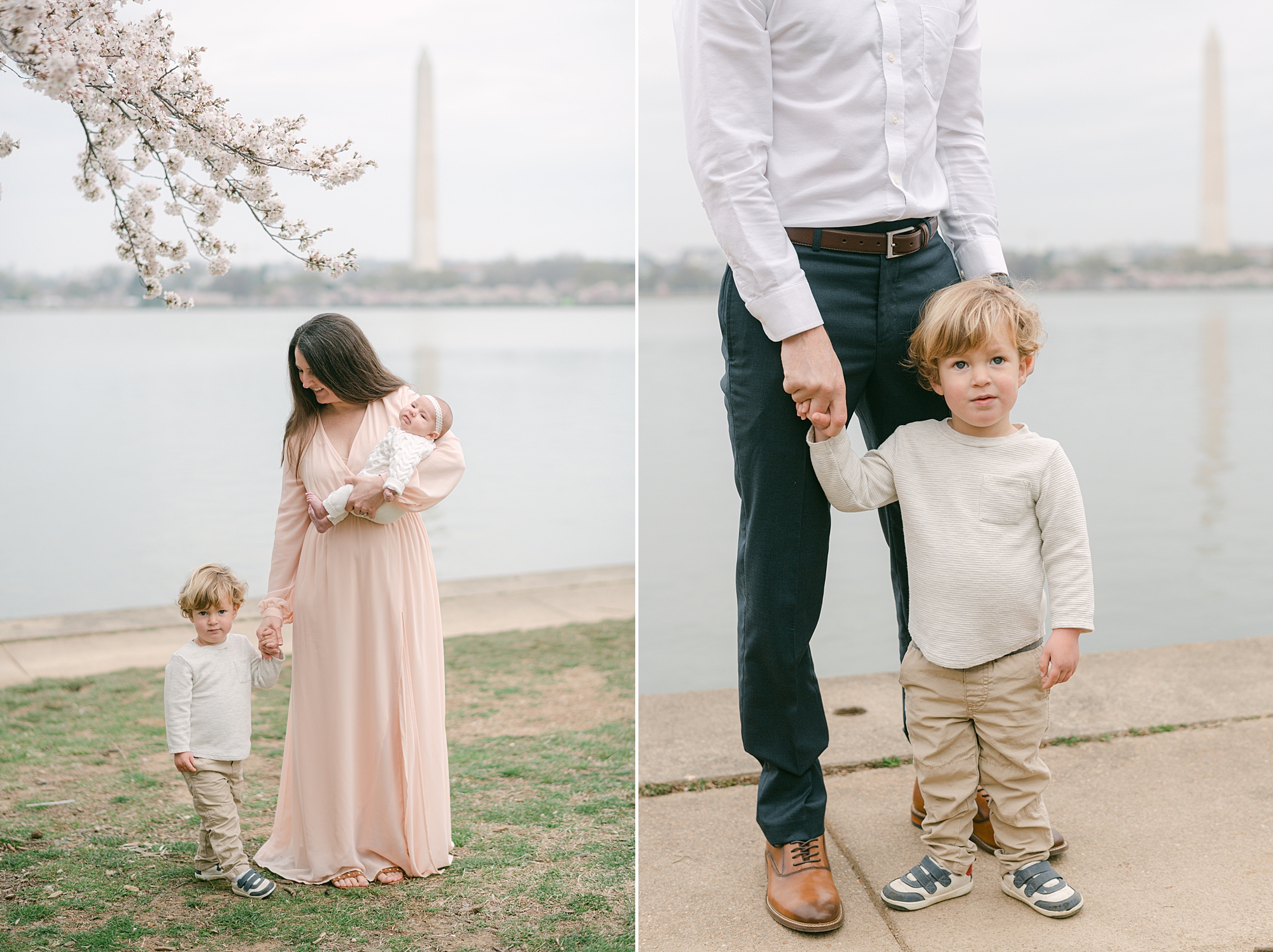 couple holds hands with children near the Tidal Basin