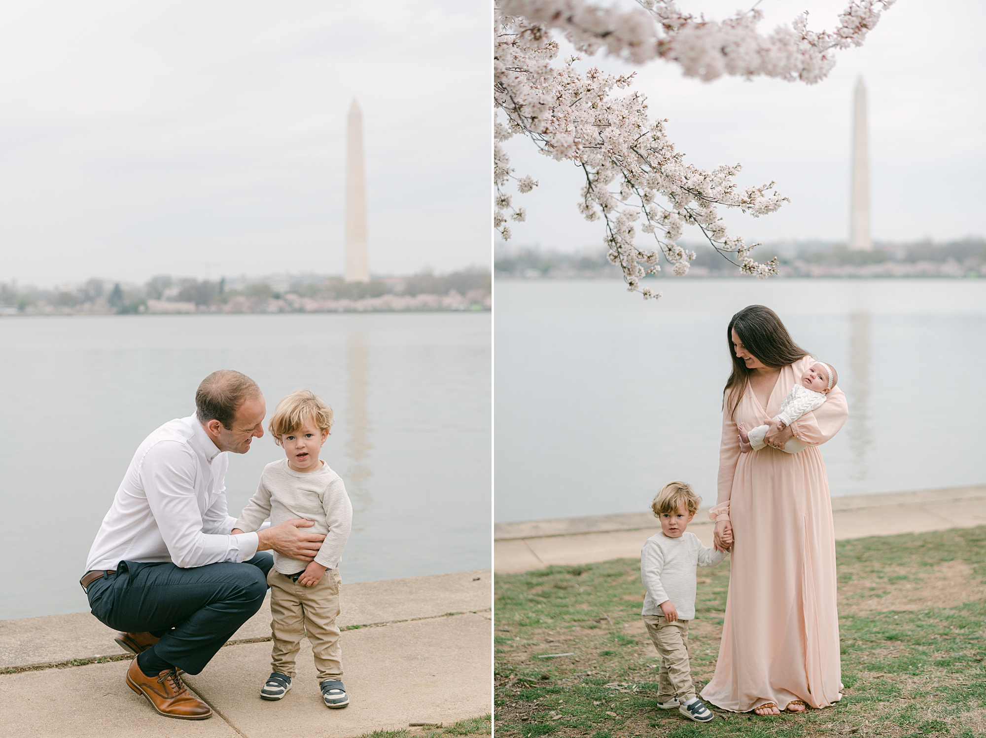 husband and wife walk with children near the Tidal Basin 