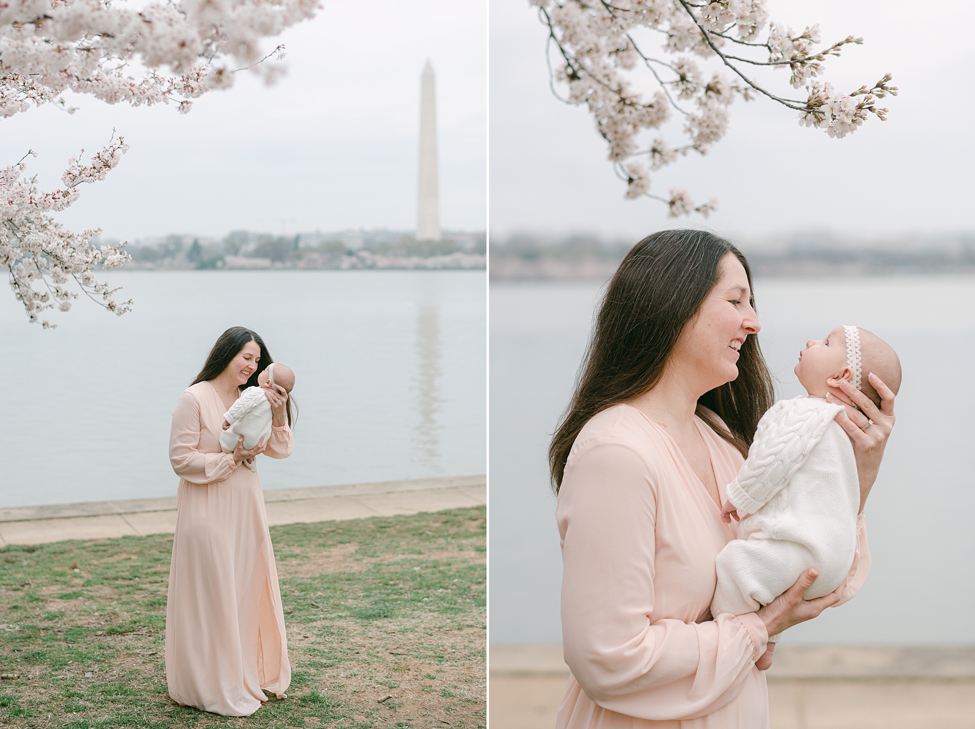 mom looks at newborn baby girl during cherry blossom portraits at the Tidal Basin