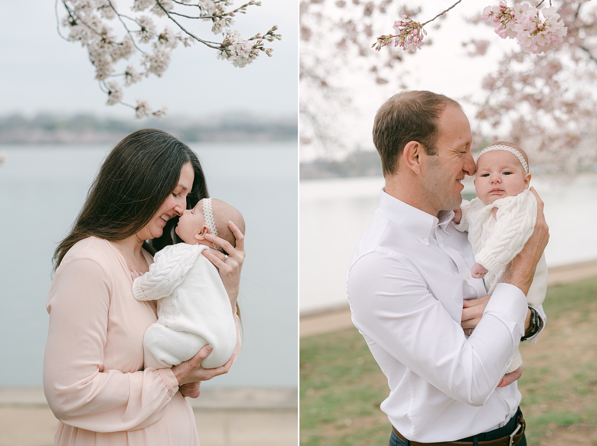 parents snuggle with daughter during cherry blossom portraits at the Tidal Basin