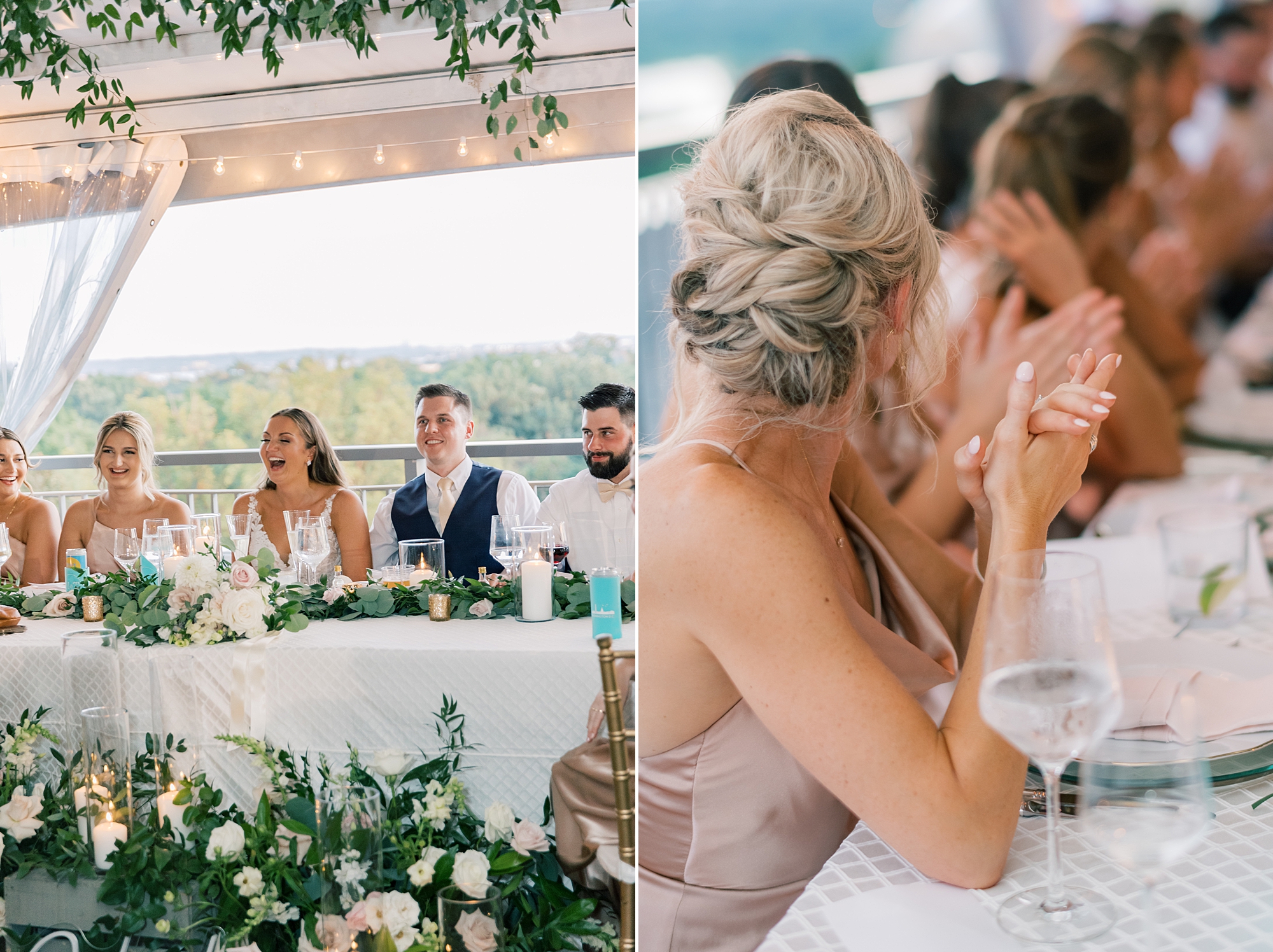 bridesmaid listens to toast during DC wedding reception 