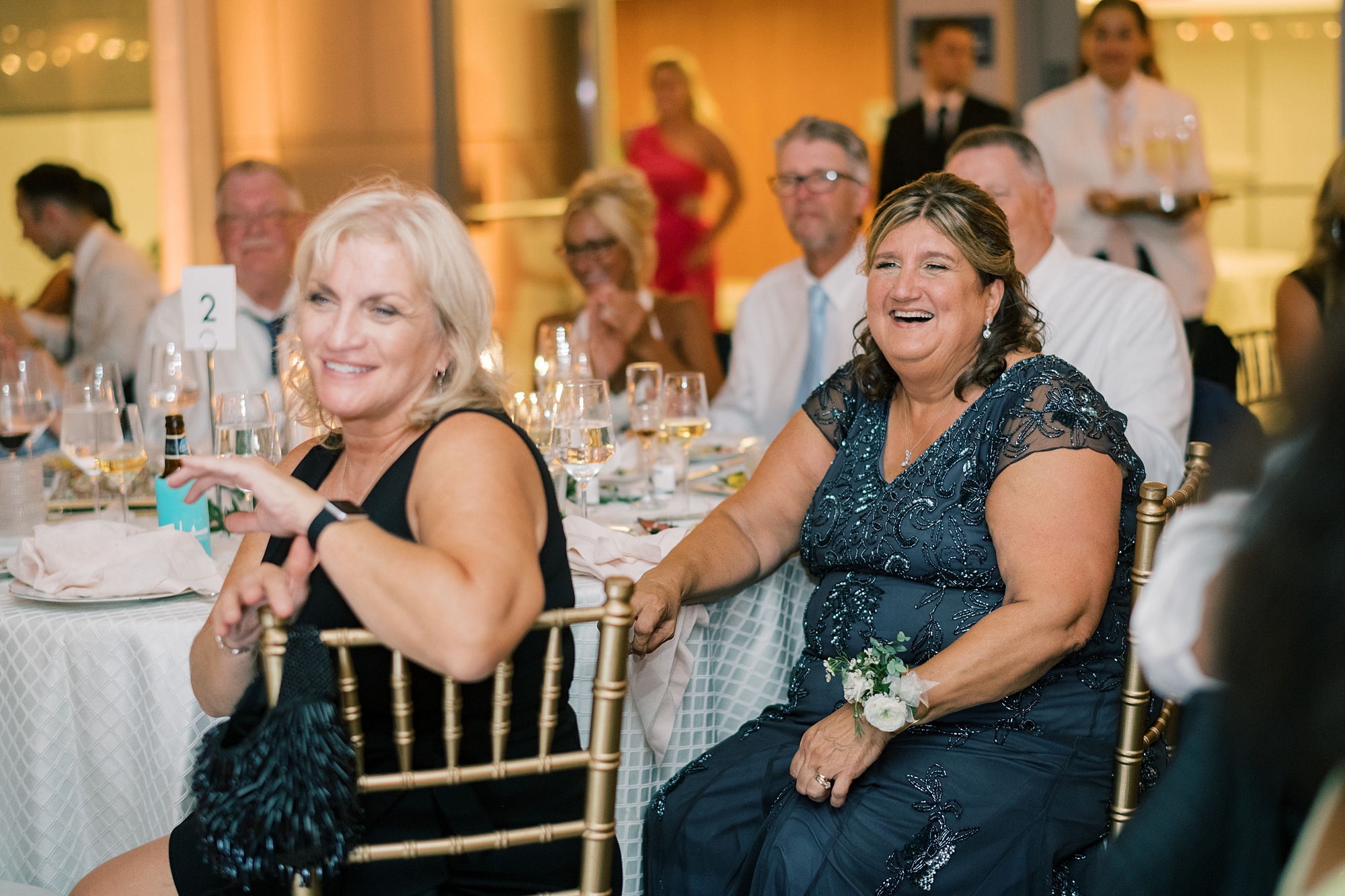 wedding guests laugh during reception at Potomac View Terrace