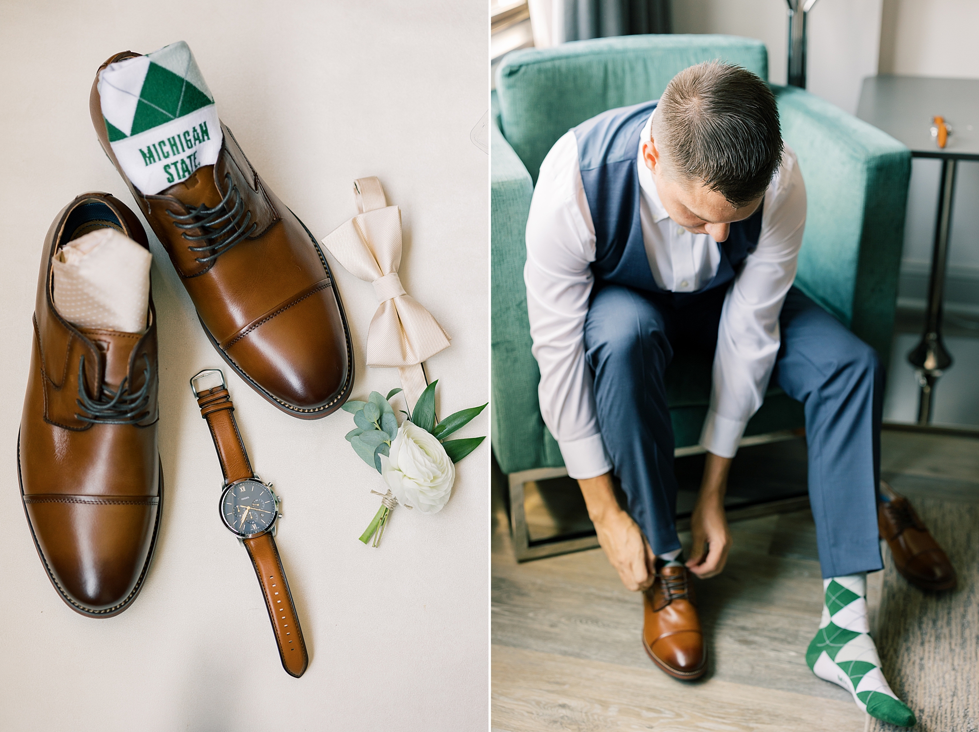 groom puts on brown shoes in DC suite at Potomac View Terrace