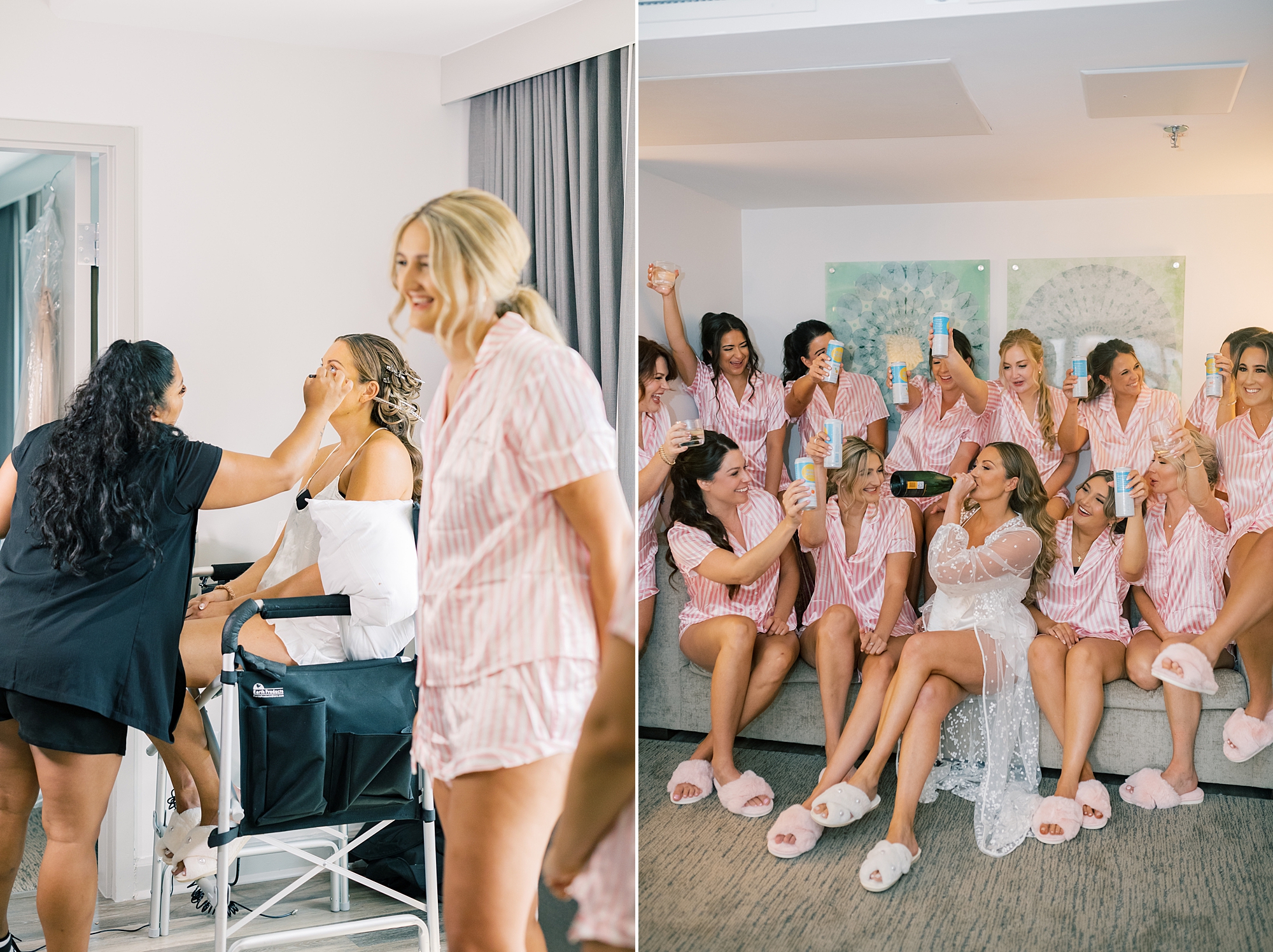 bridesmaids help bride with makeup inside DC hotel 