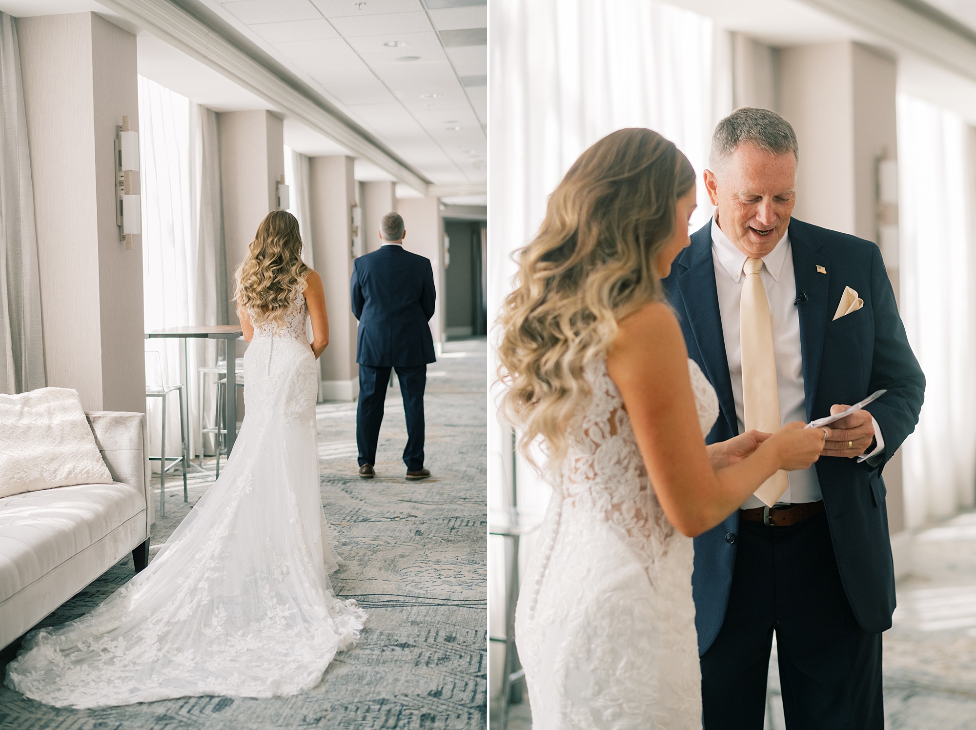 bride has first look with dad and shows him note on wedding morning 
