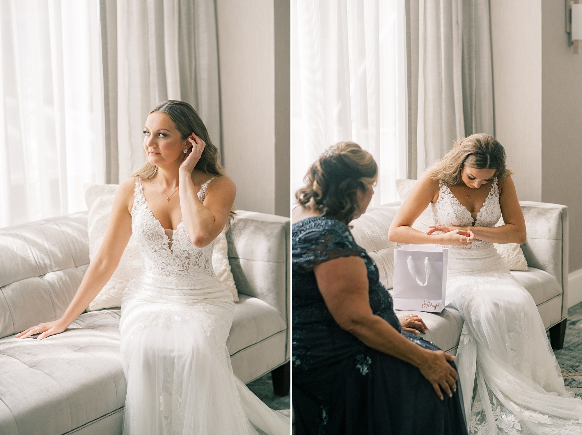 mother helps bride with wedding dress in Washington DC 