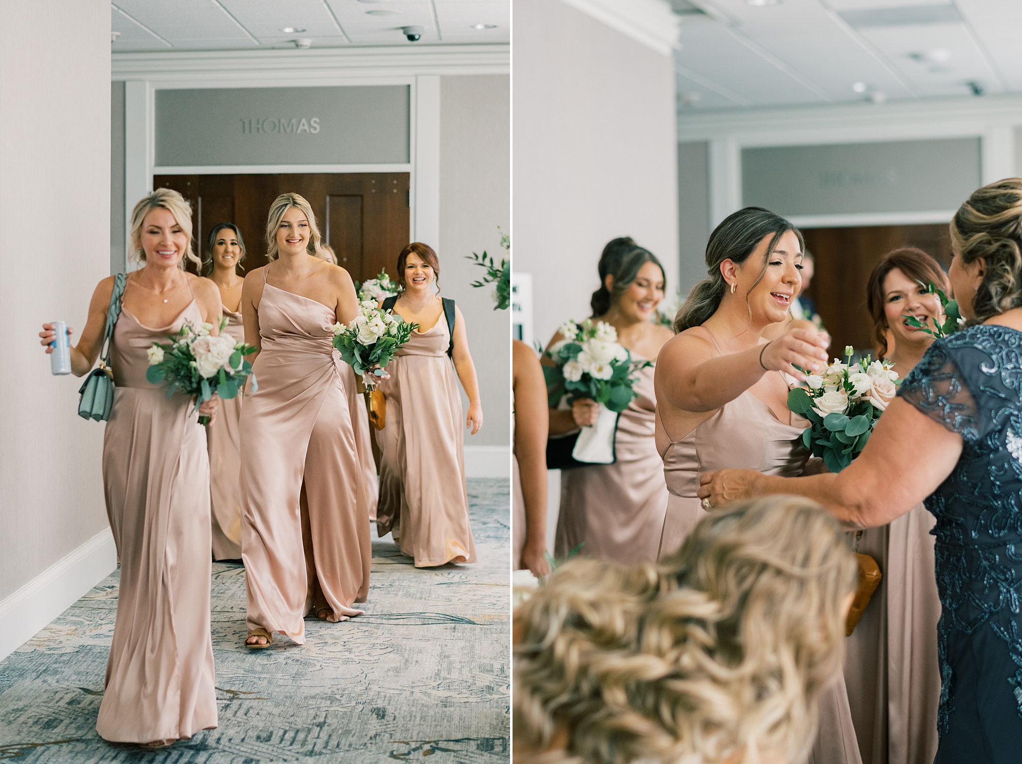 bridesmaids react to seeing bride in wedding gown 