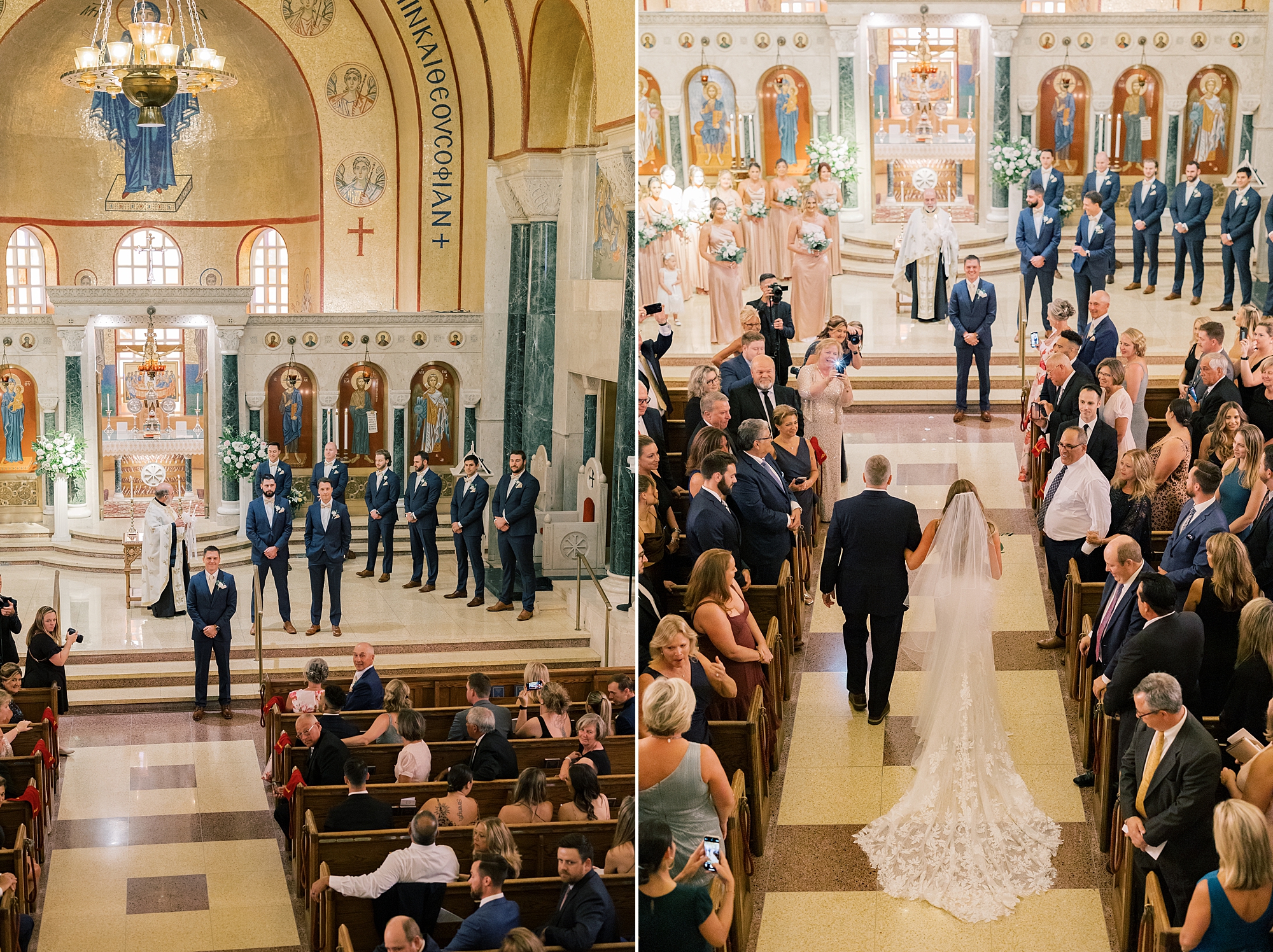 bride and father walk down aisle for traditional Greek Orthodox wedding ceremony in Washington DC