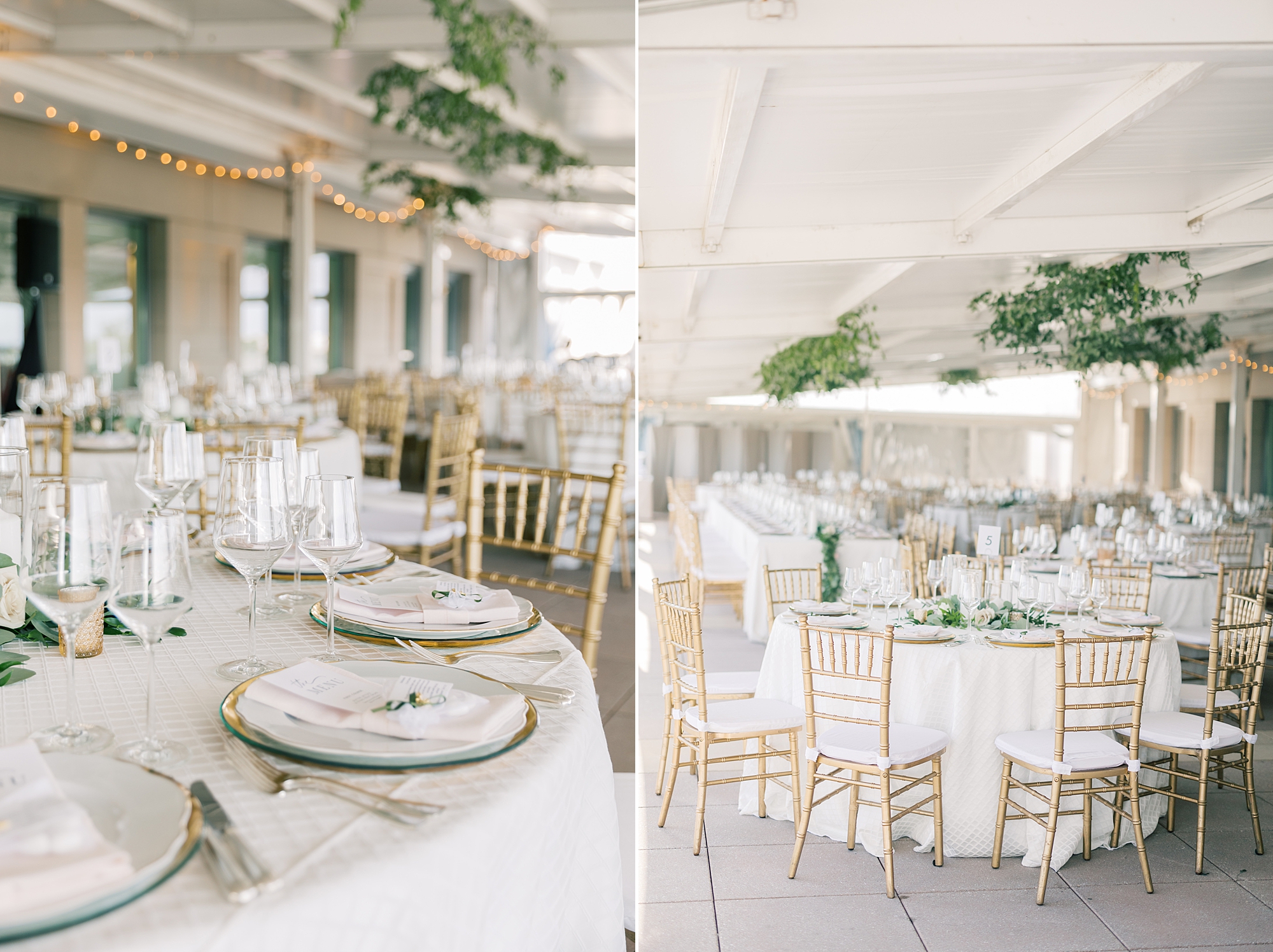wedding reception with gold rimmed plates and chairs at Potomac View Terrace