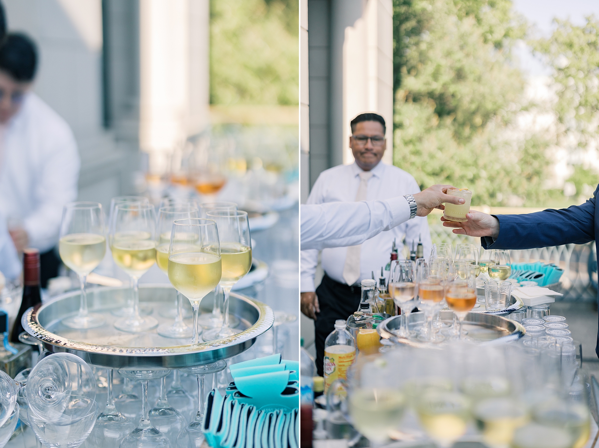 waiters pour Champagne during Potomac View Terrace wedding reception 