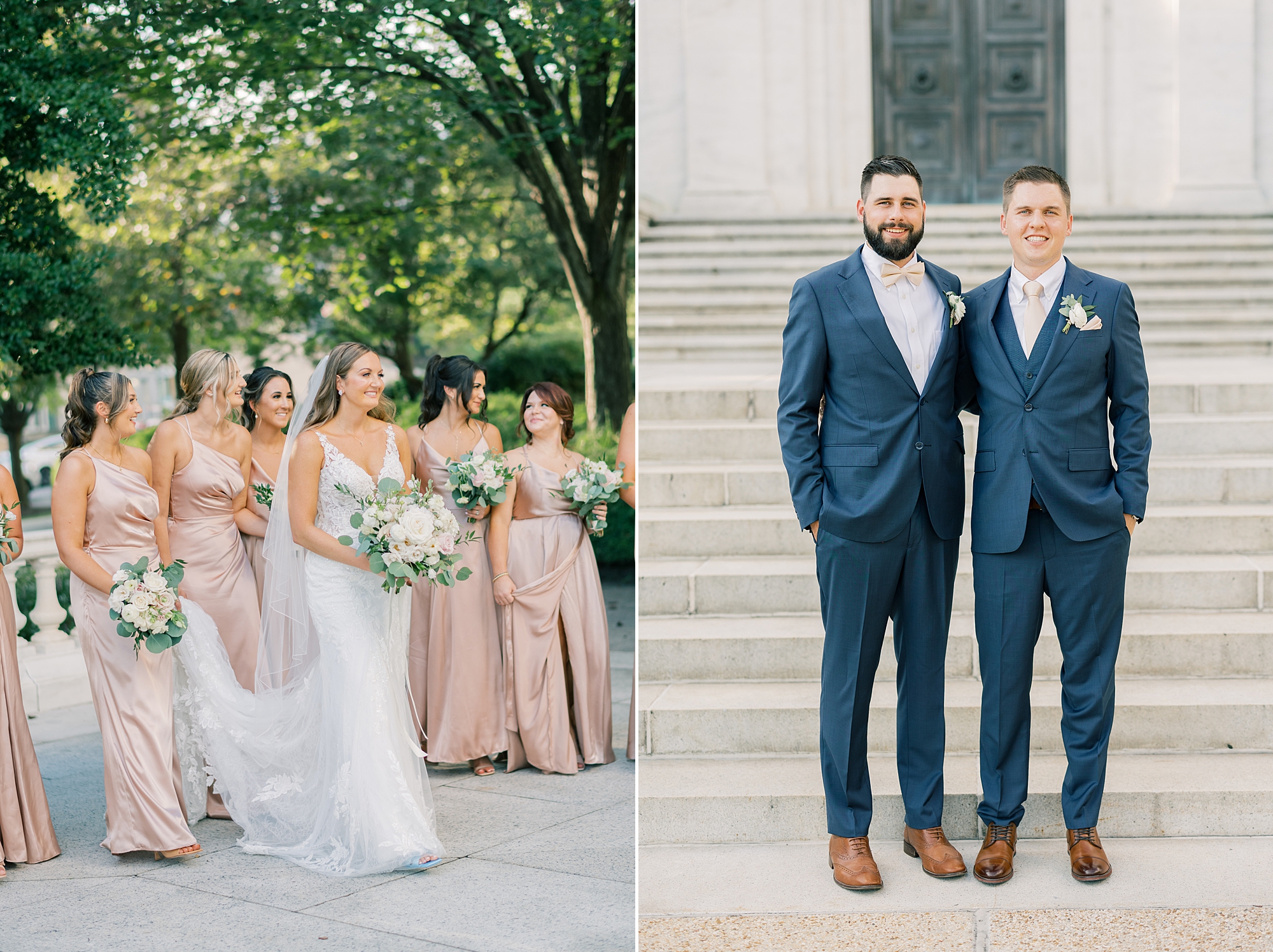 groom poses with groomsman in navy suit while bride walks with bridesmaids 