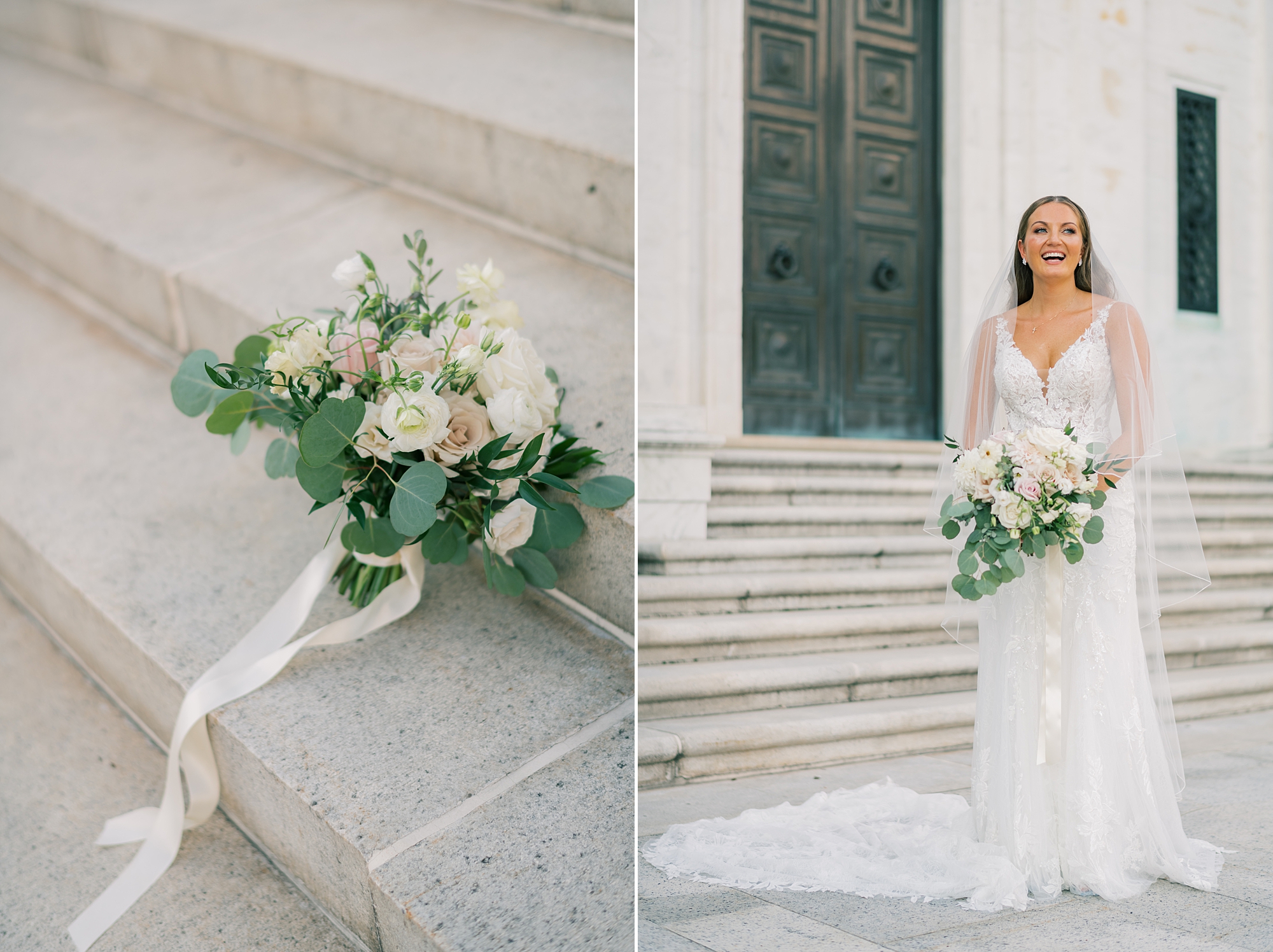 bride laughs holding bouquet of white flowers before wedding in DC