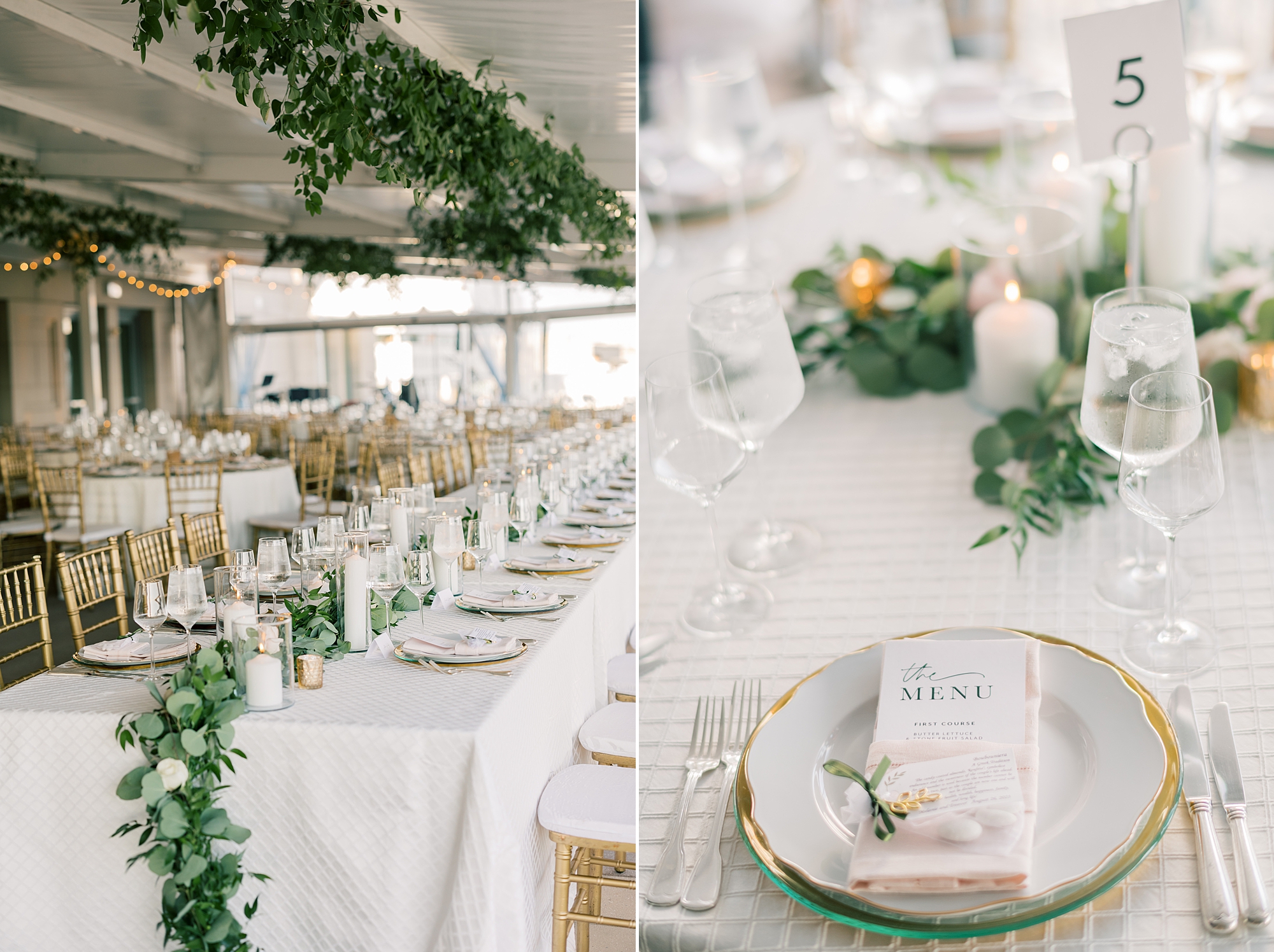 wedding reception at Potomac View Terrace with gold rimmed plates and greenery lining table 