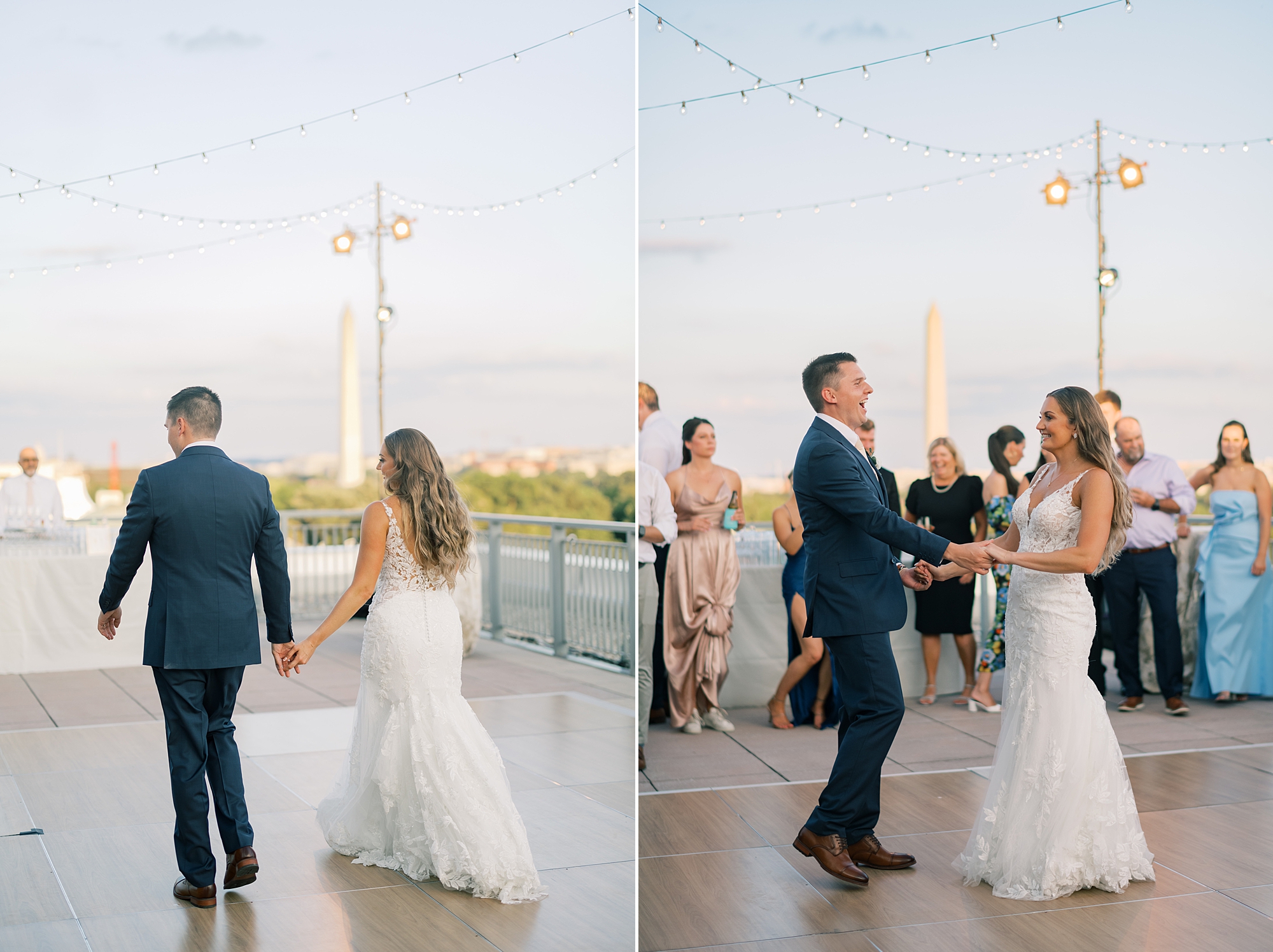 groom twirls bride on dance floor of patio at Potomac View Terrace