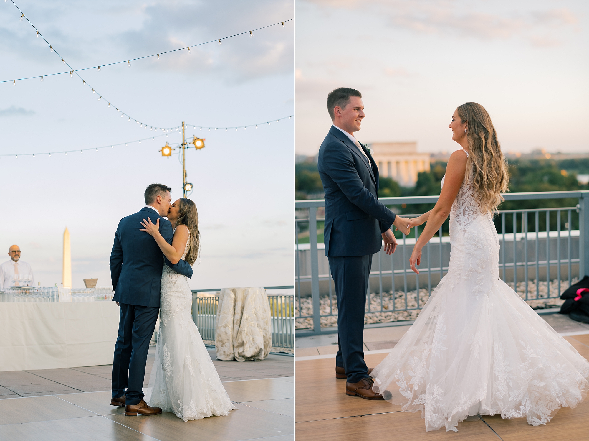 bride and groom kiss with skyline of DC behind them at Potomac View Terrace