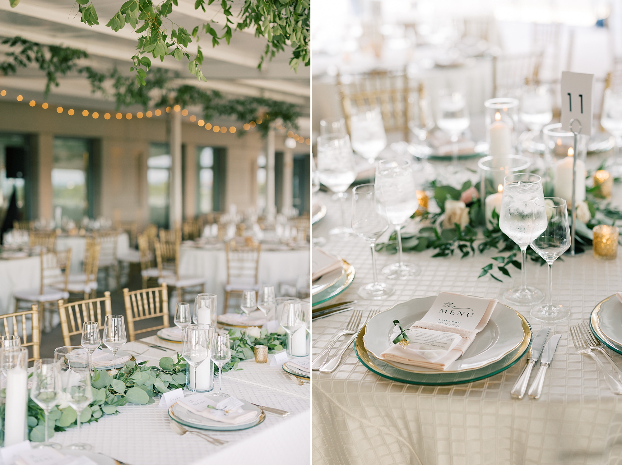 Potomac View Terrace wedding reception with greenery and gold rimmed plates 