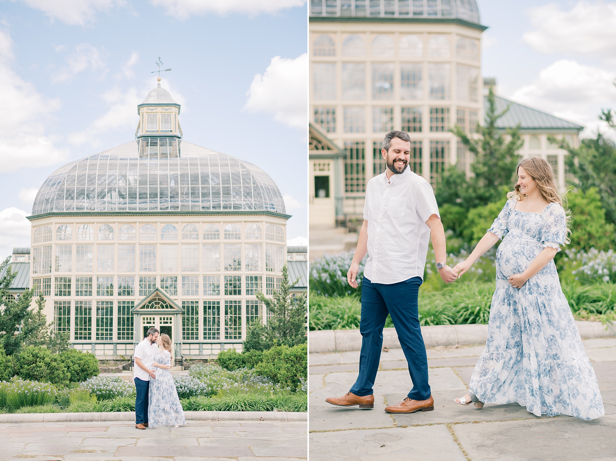 man and wife walk in front of Rawlings Conservatory while woman holds baby bump 
