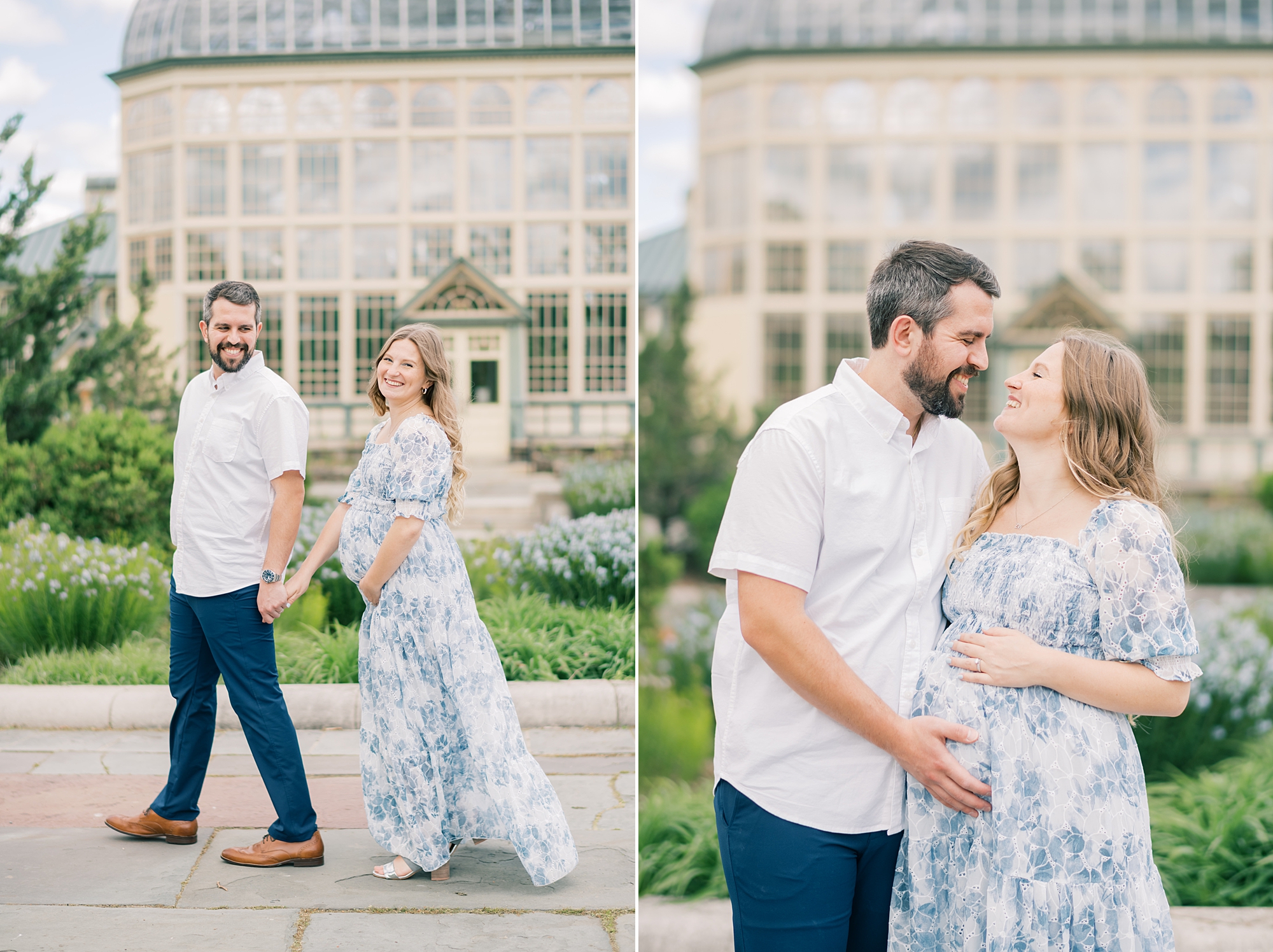 man and wife hug outside Rawlings Conservatory hugging mom's baby bump