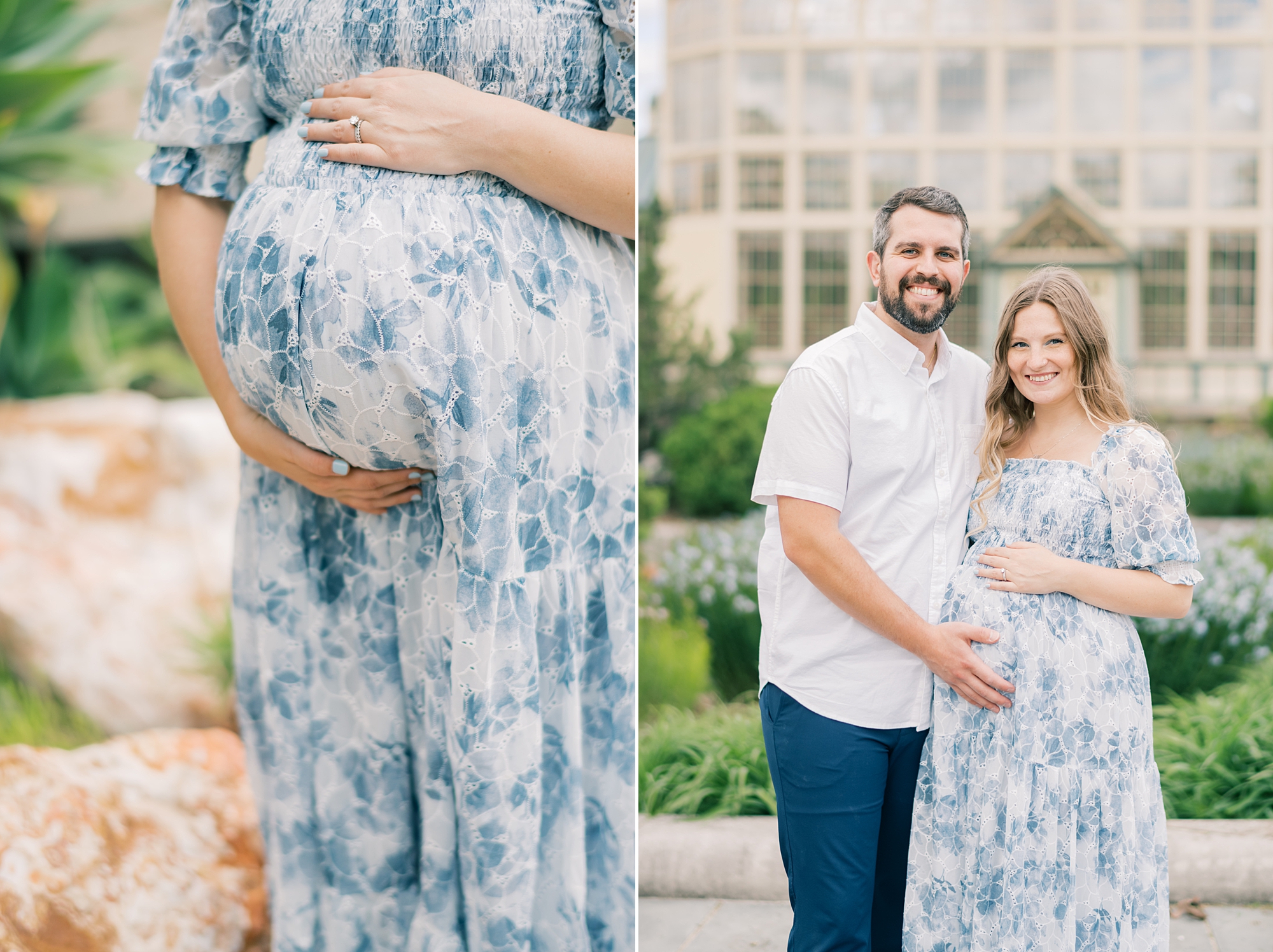 mom in blue and white dress holds baby bump during Rawlings Conservatory maternity portraits 