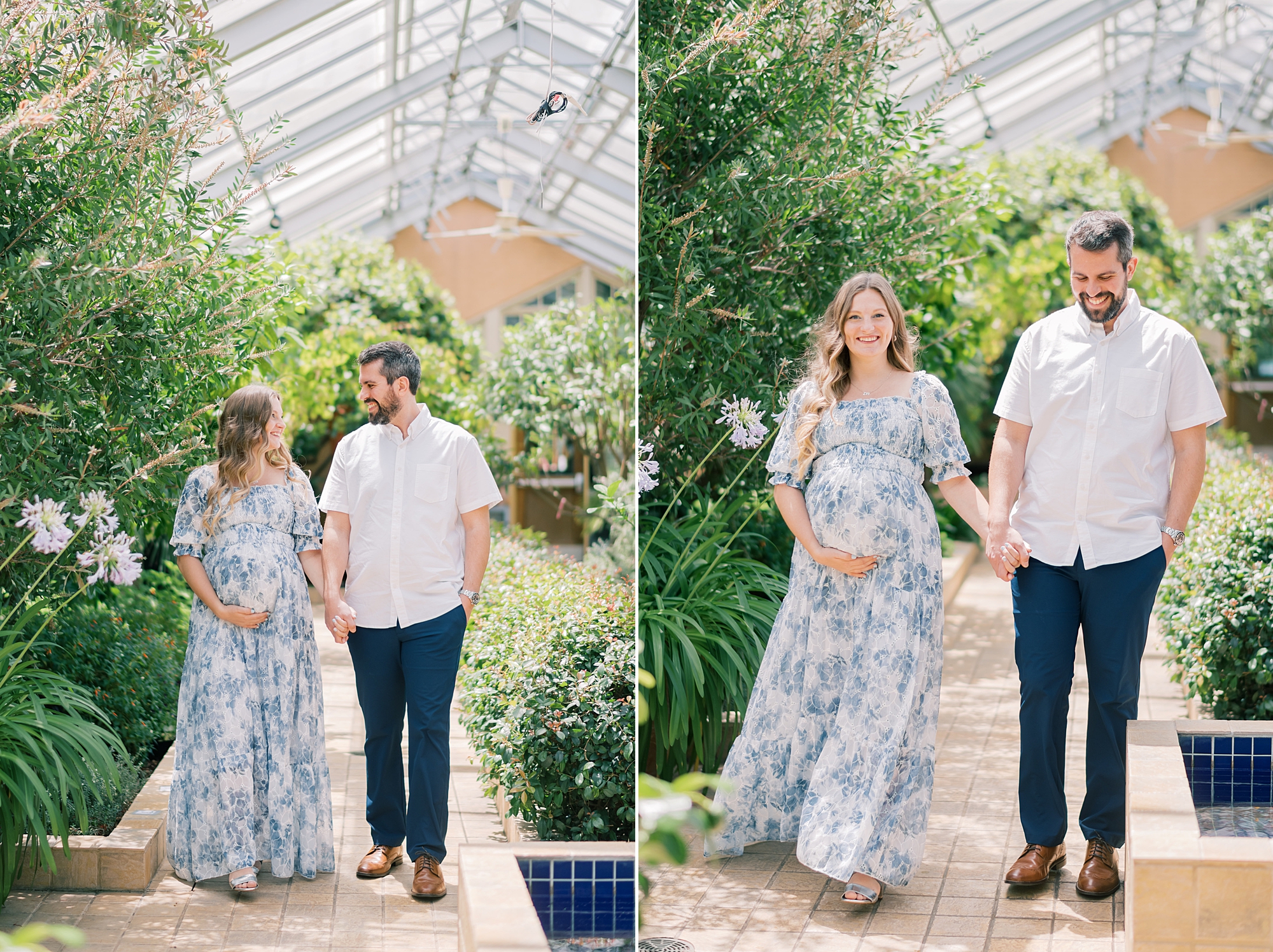 expecting woman in blue and white dress walks with husband through greenhouse in Baltimore MD