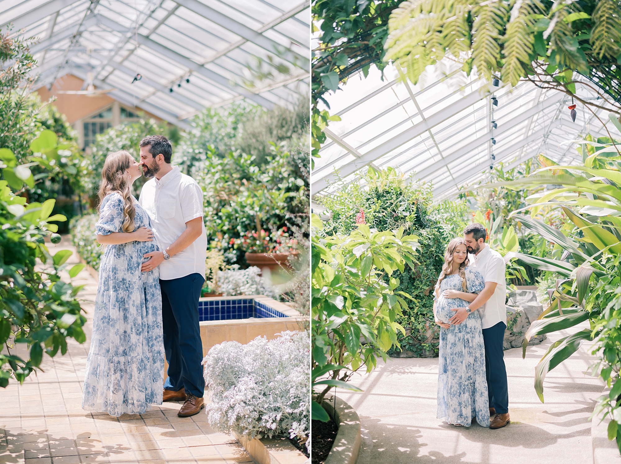 couple hugs between greenery inside Rawlings Conservatory