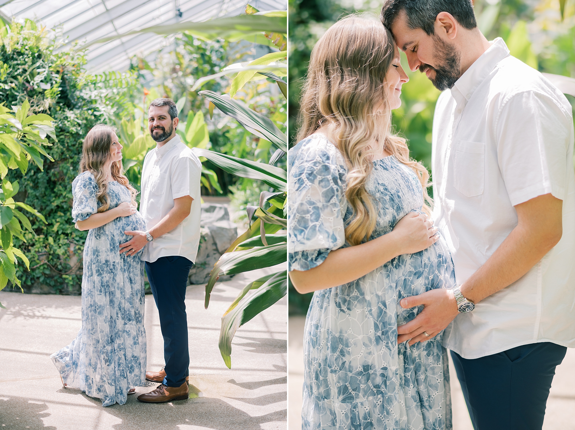 expecting couple hugs inside Rawlings Conservatory holding mom's baby bump