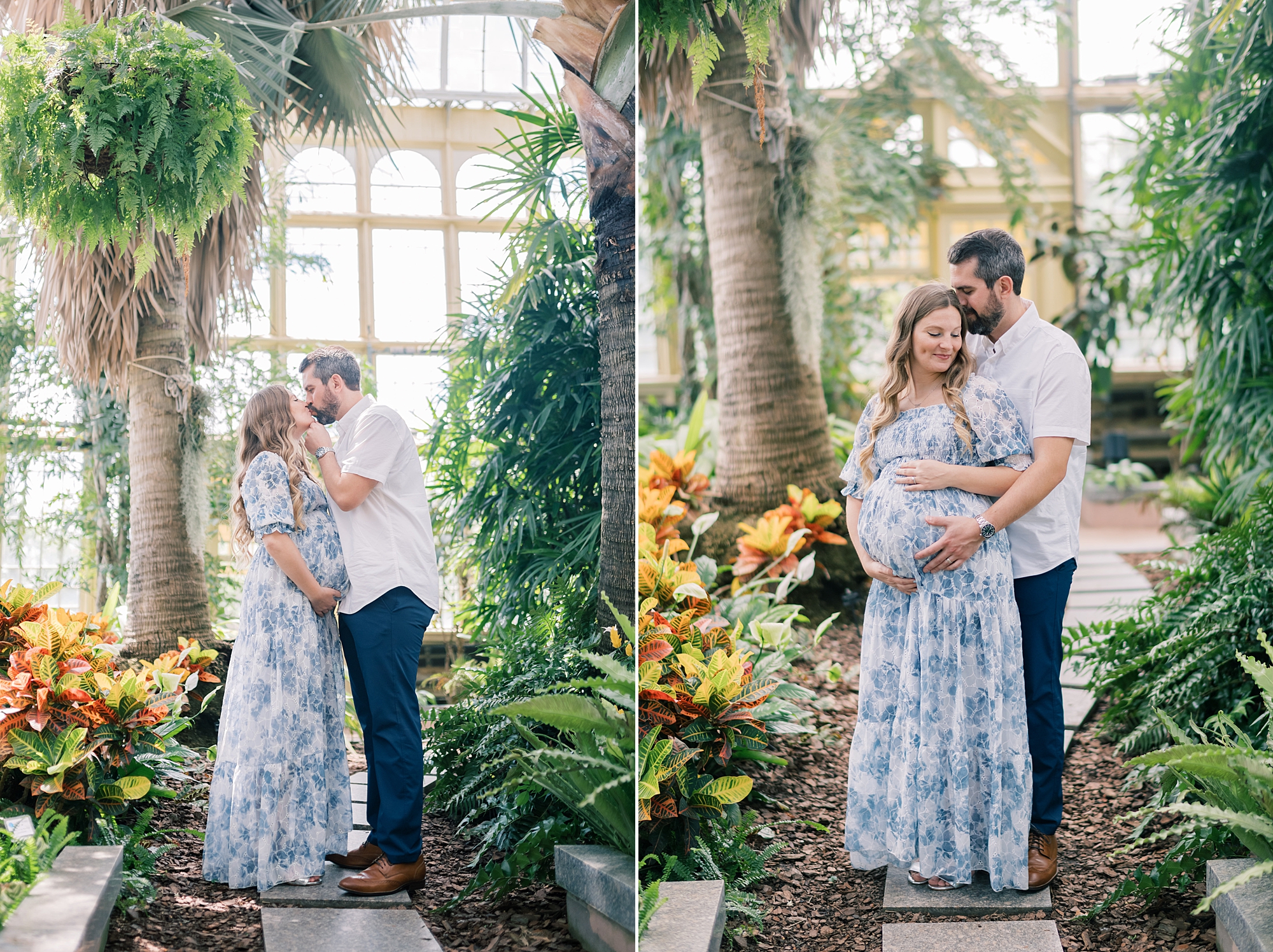 couple hugs in greenhouse during Rawlings Conservatory maternity portraits 