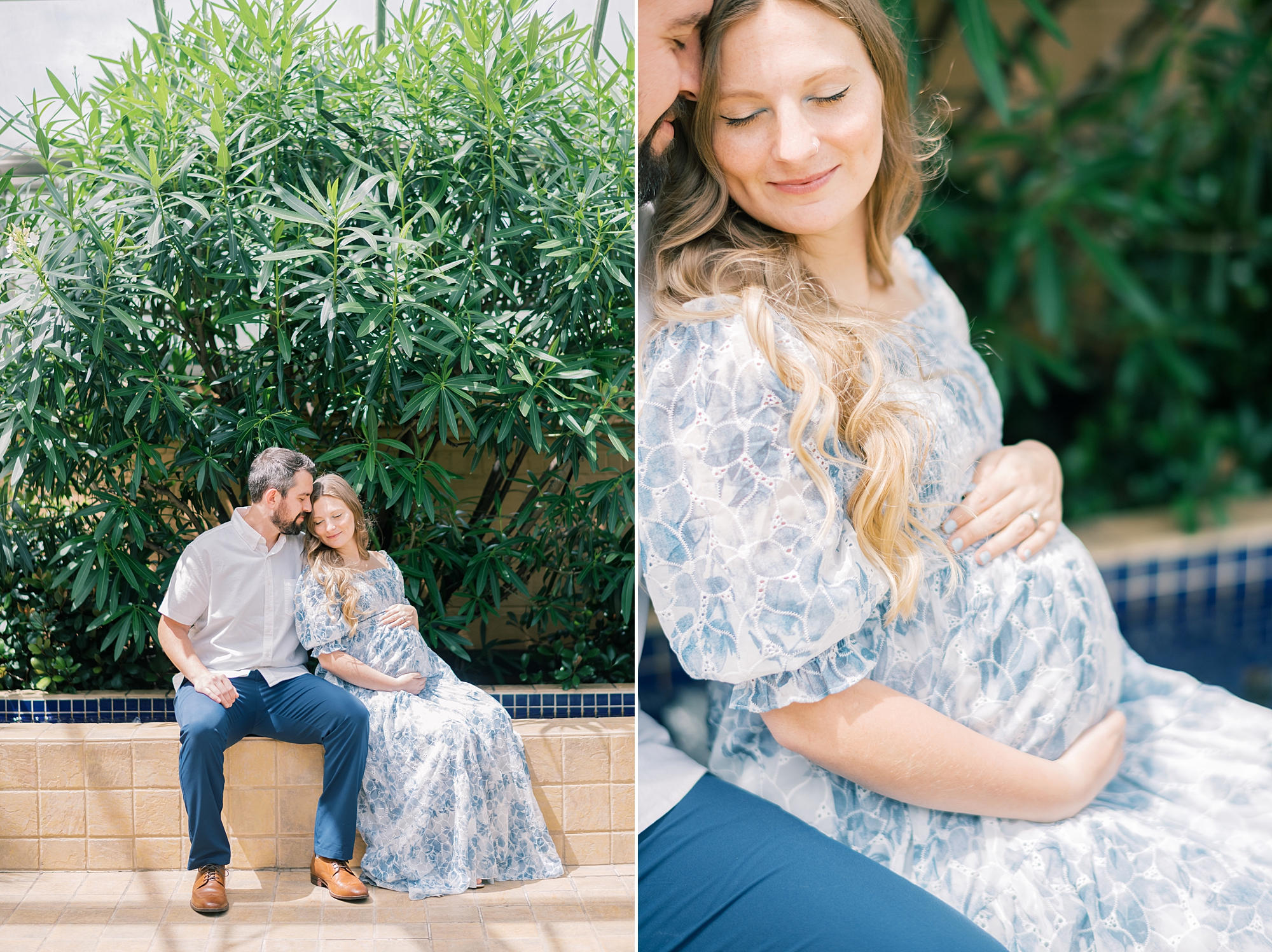 woman leans into husband sitting on planter holding baby belly during Rawlings Conservatory maternity portraits 