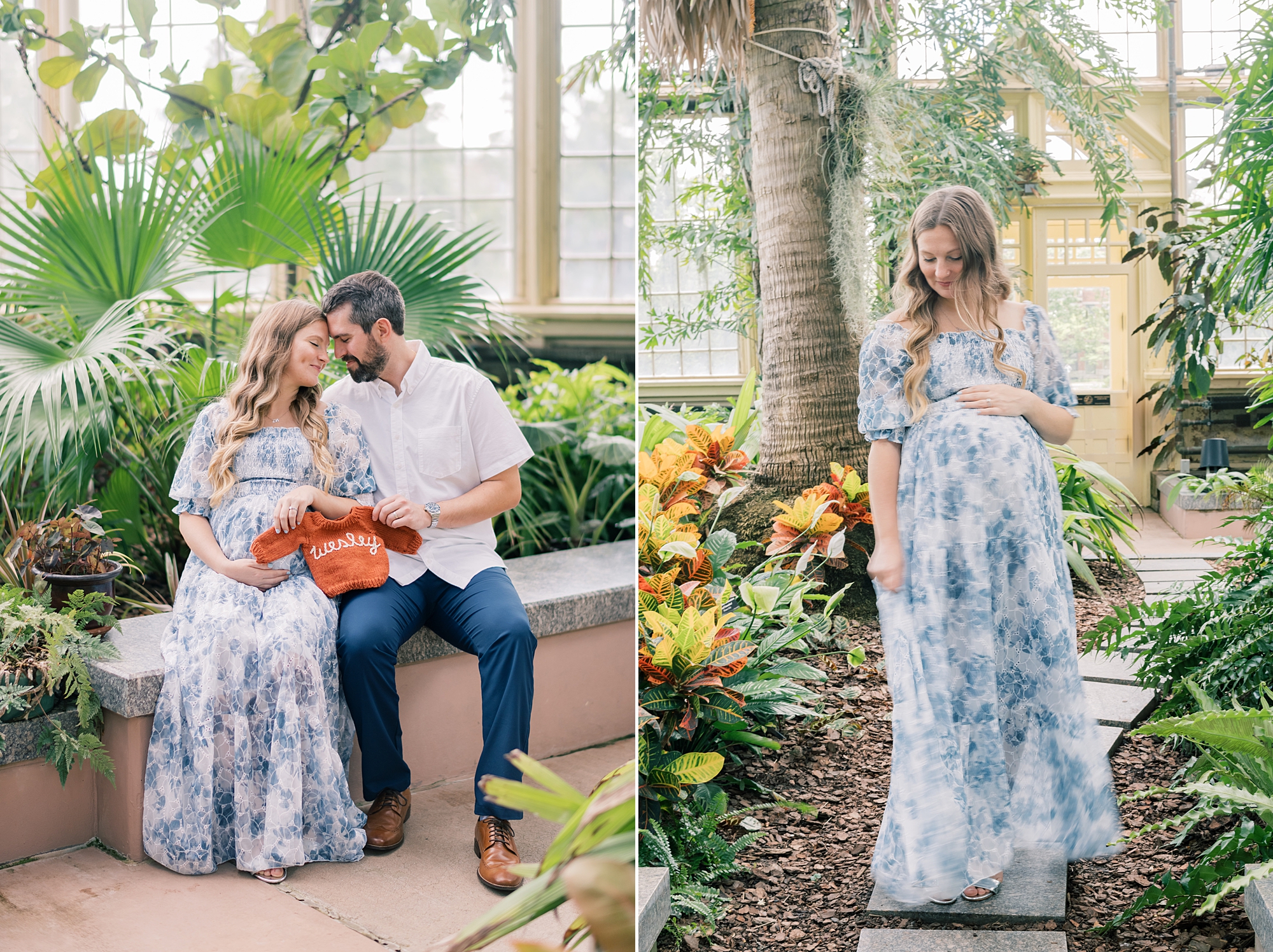 couple sits on edge of planter inside Rawlings Conservatory while mom holds baby bump 