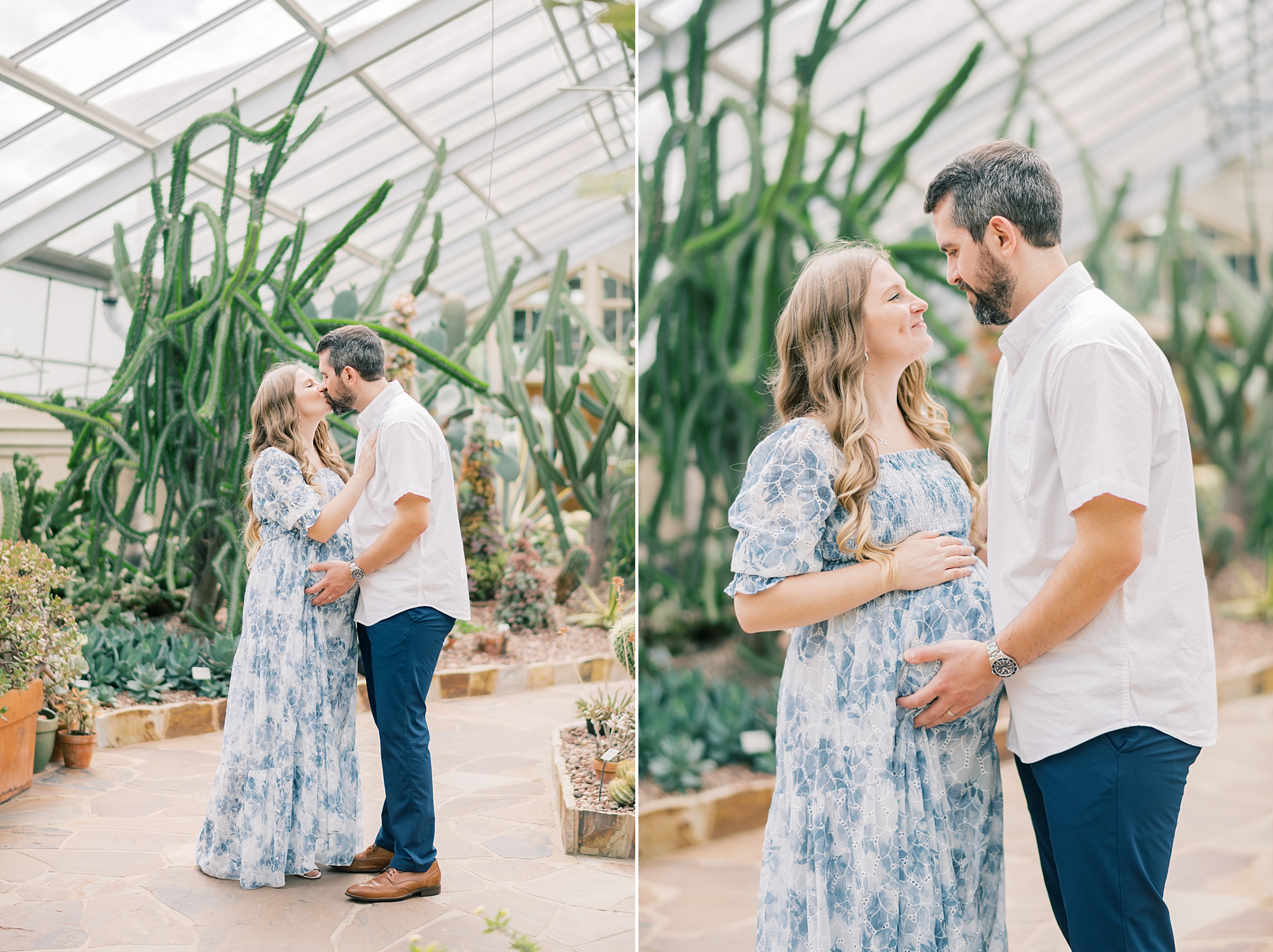 couple hugs holding mom's baby bump inside greenhouse of Rawlings Conservatory