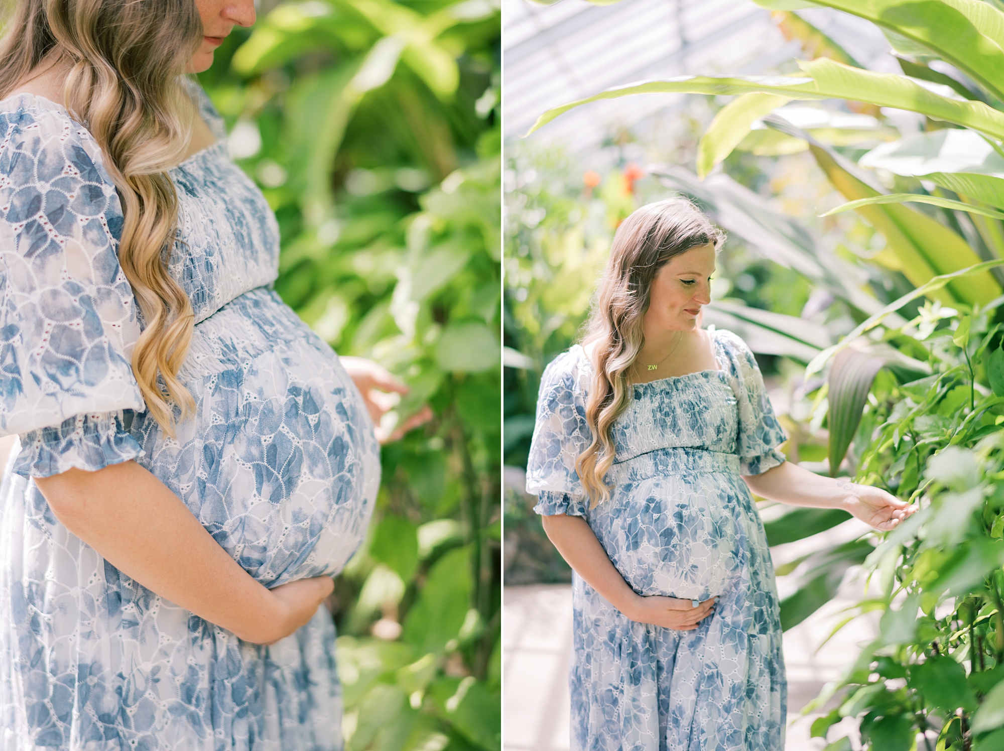 woman looks at plant inside Rawlings Conservatory while cradling baby bump in hands