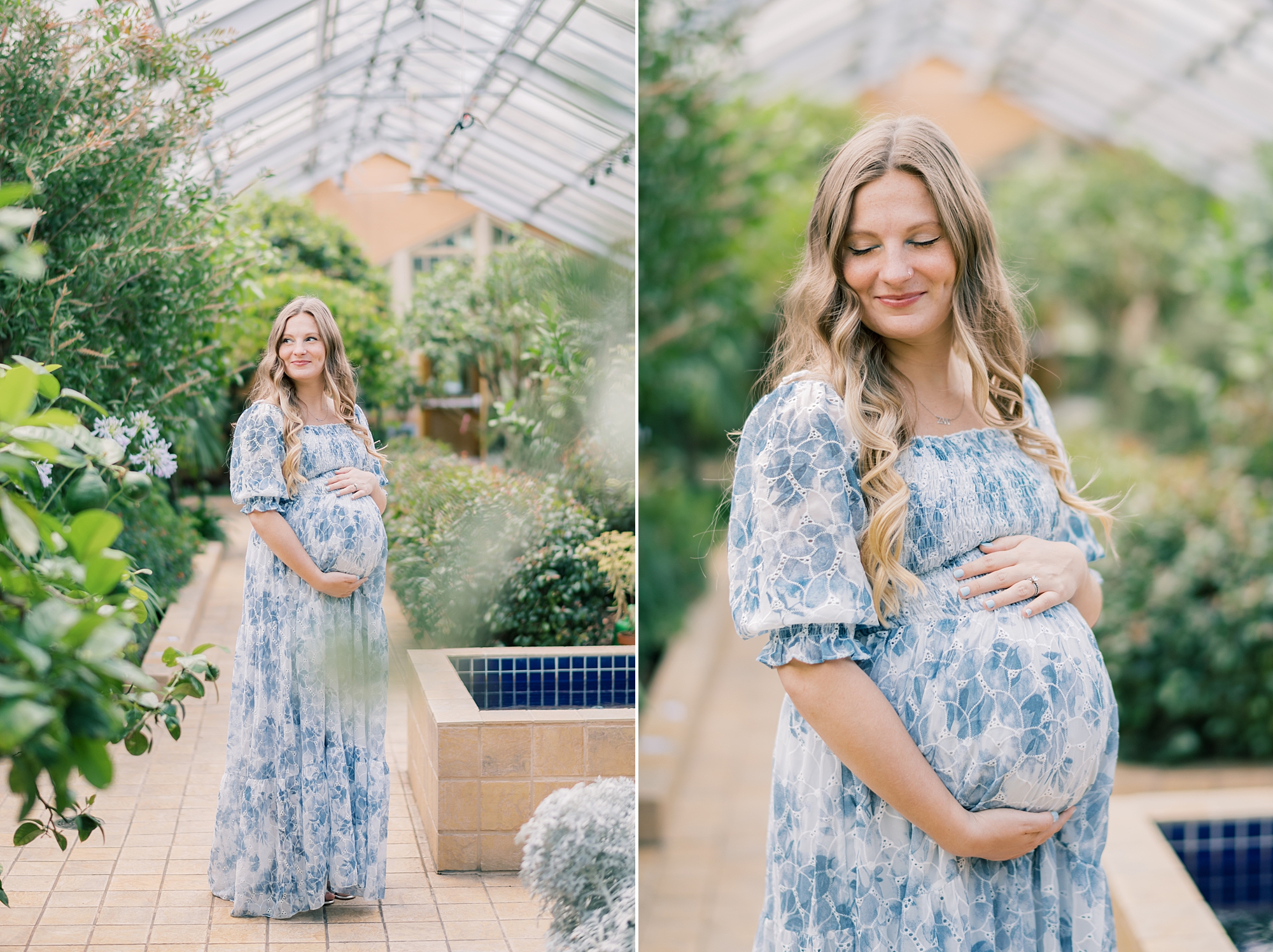 woman in blue and white dress holds baby bump inside greenhouse of Rawlings Conservatory