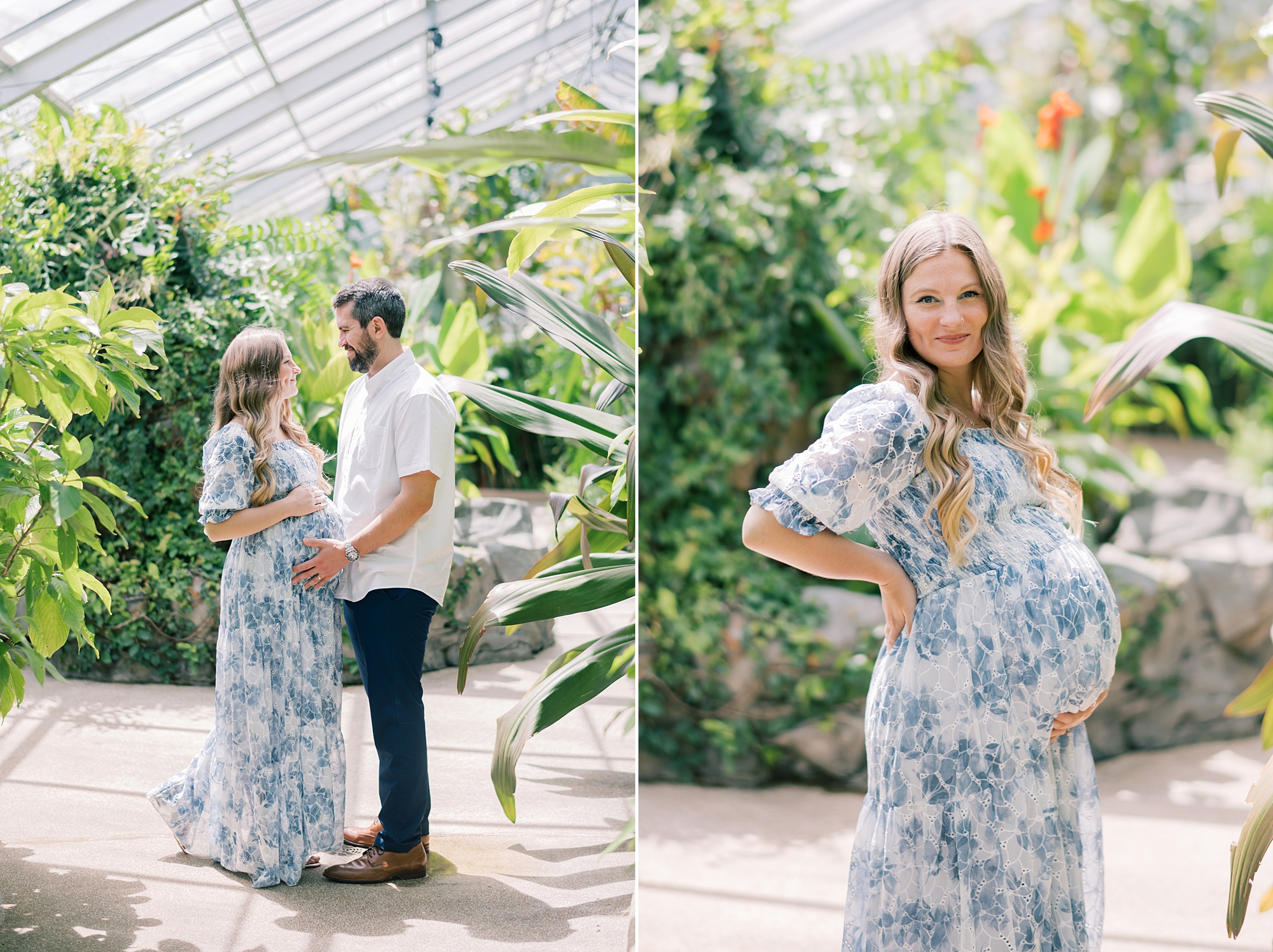 mom holds baby bump in blue and white dress at Rawlings Conservatory