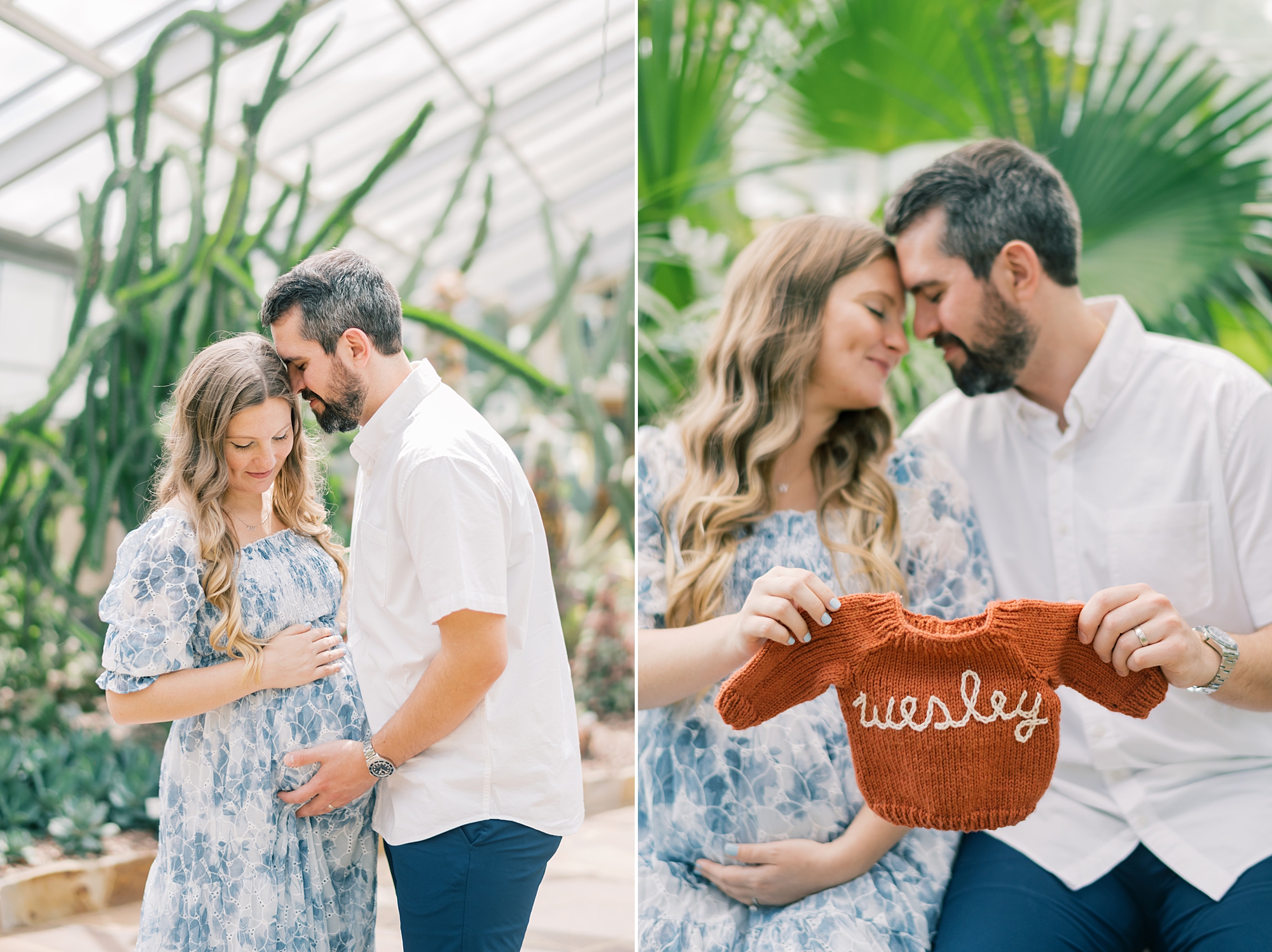 couple holds knit sweater for baby boy inside Rawlings Conservatory
