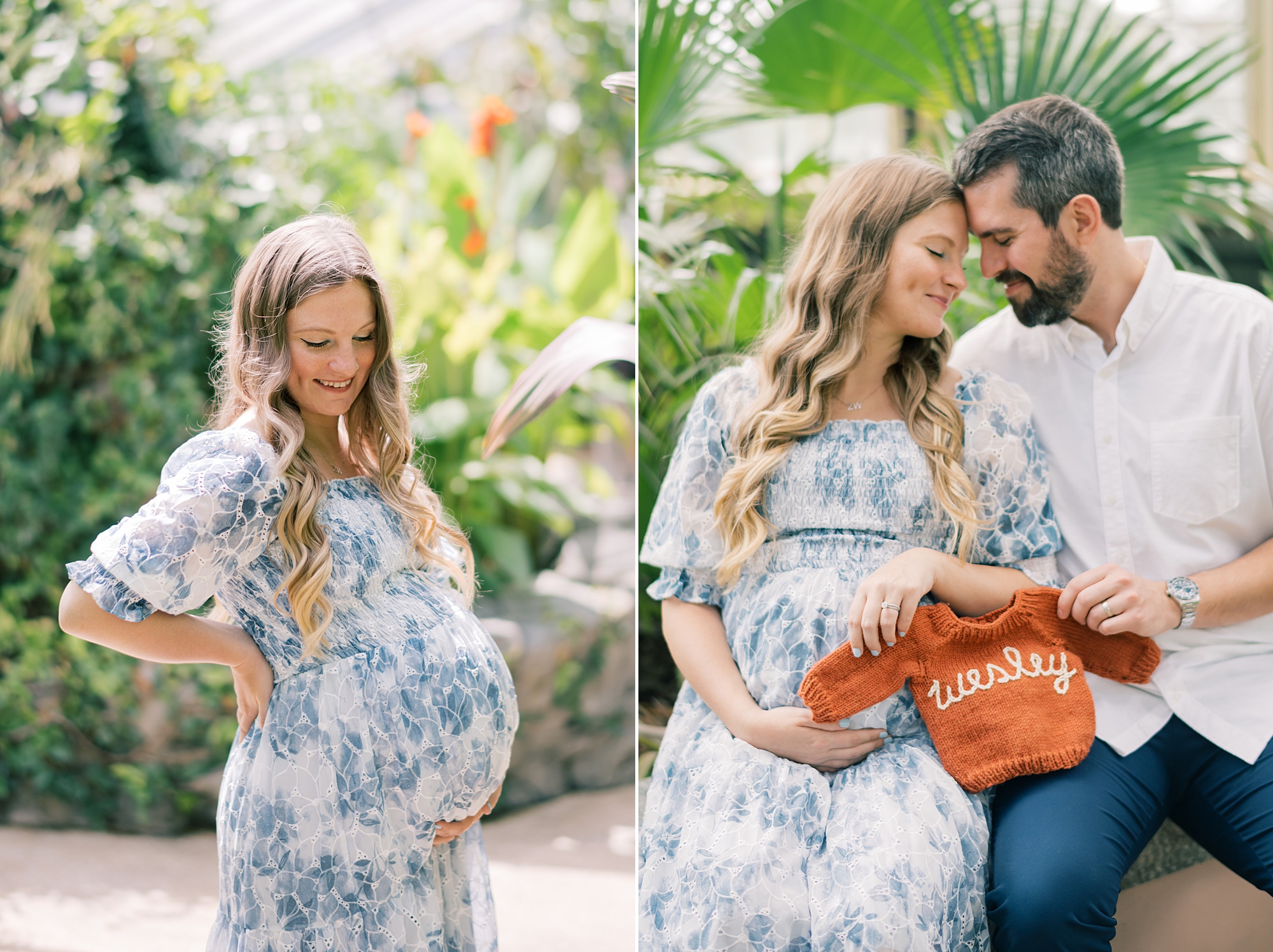 expecting mom holds back and baby bump during Rawlings Conservatory maternity portraits 