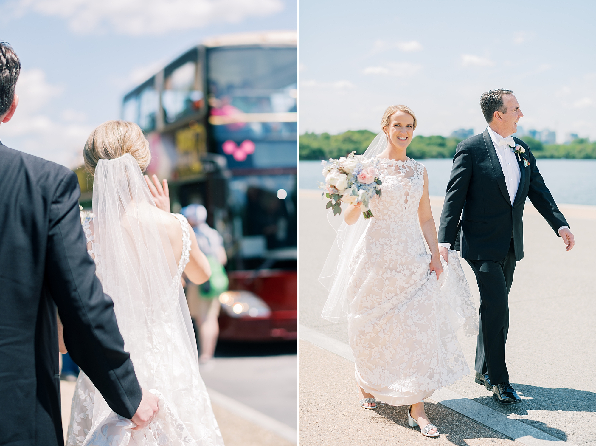 bride and groom walk to double decker bus on wedding day in DC