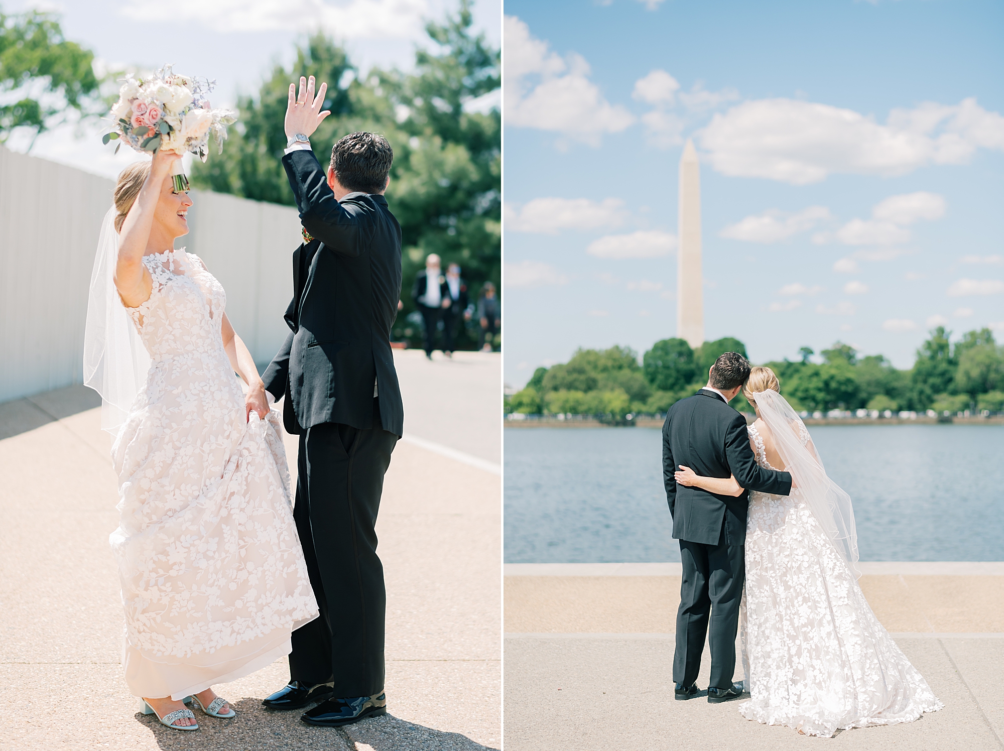 groom twirls bride near the Washington Monument 