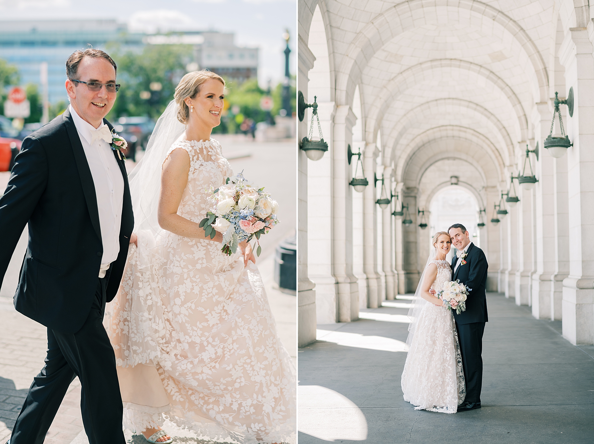 bride and groom walk through Washington DC on wedding day