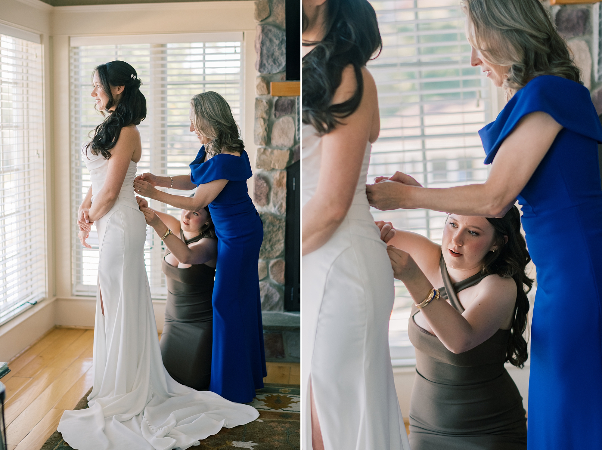 mom helps bride into wedding dress at Herrington on the Bay