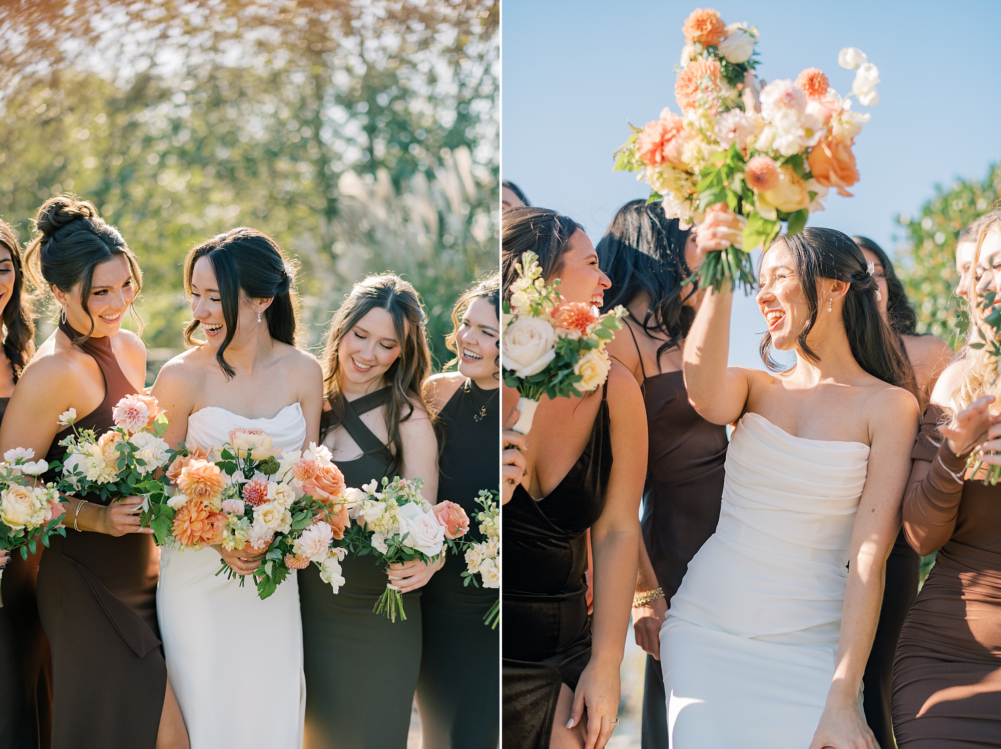 bride and bridesmaids cheer with pastel bouquets for fall wedding