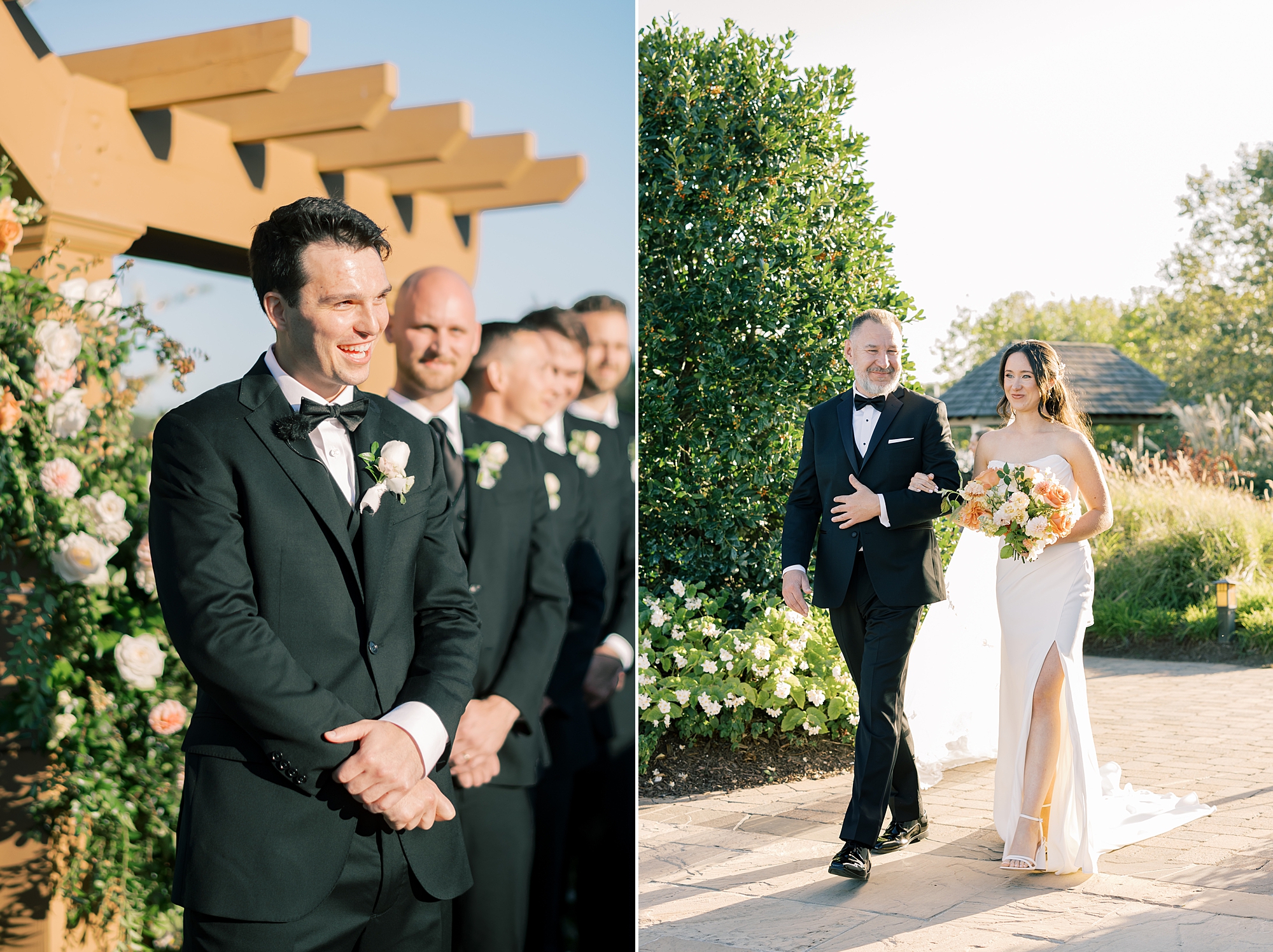 groom looks at bride walking down aisle at Herrington on the Bay