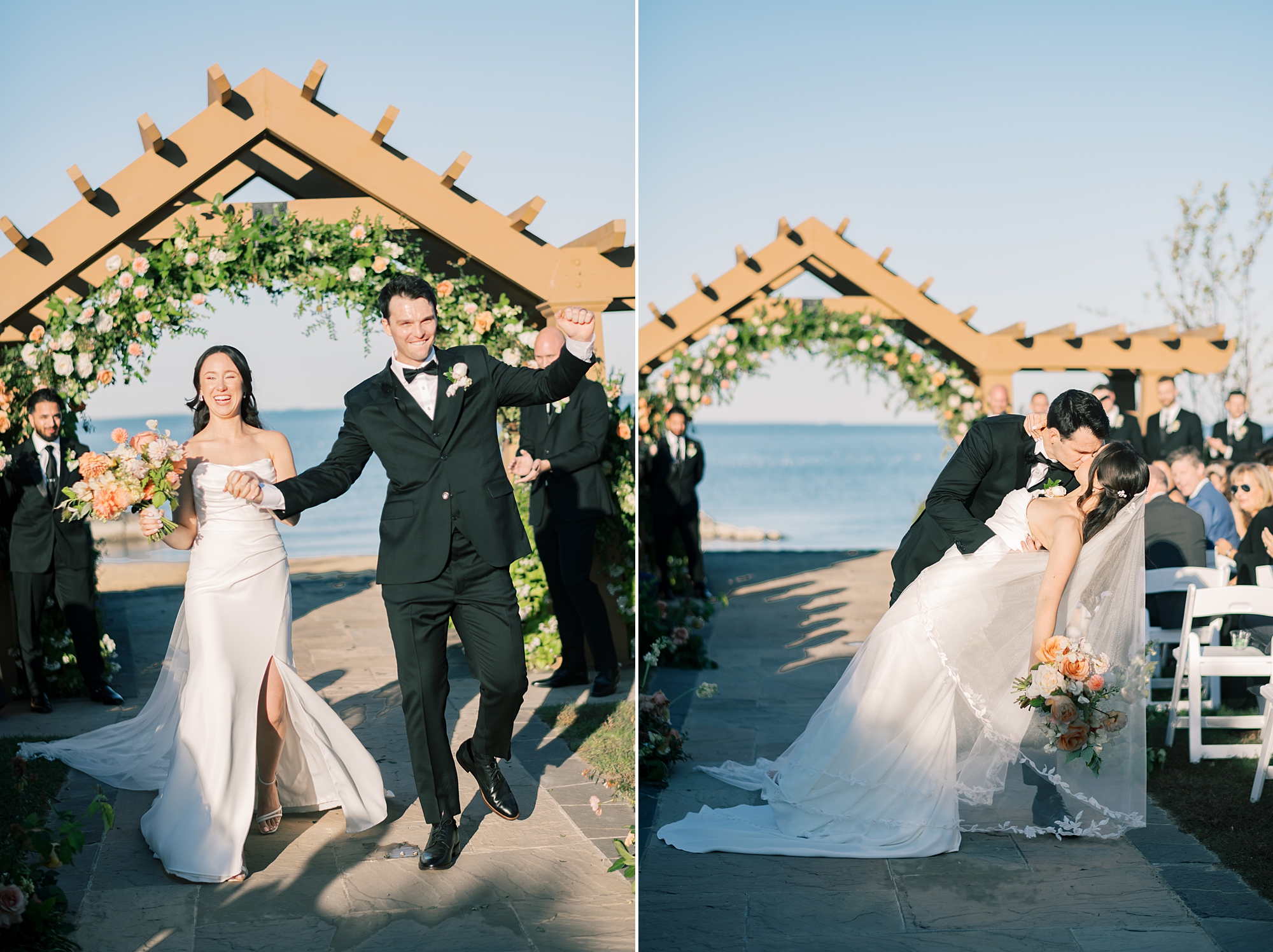 newlyweds cheer leaving wedding ceremony at Herrington on the Bay