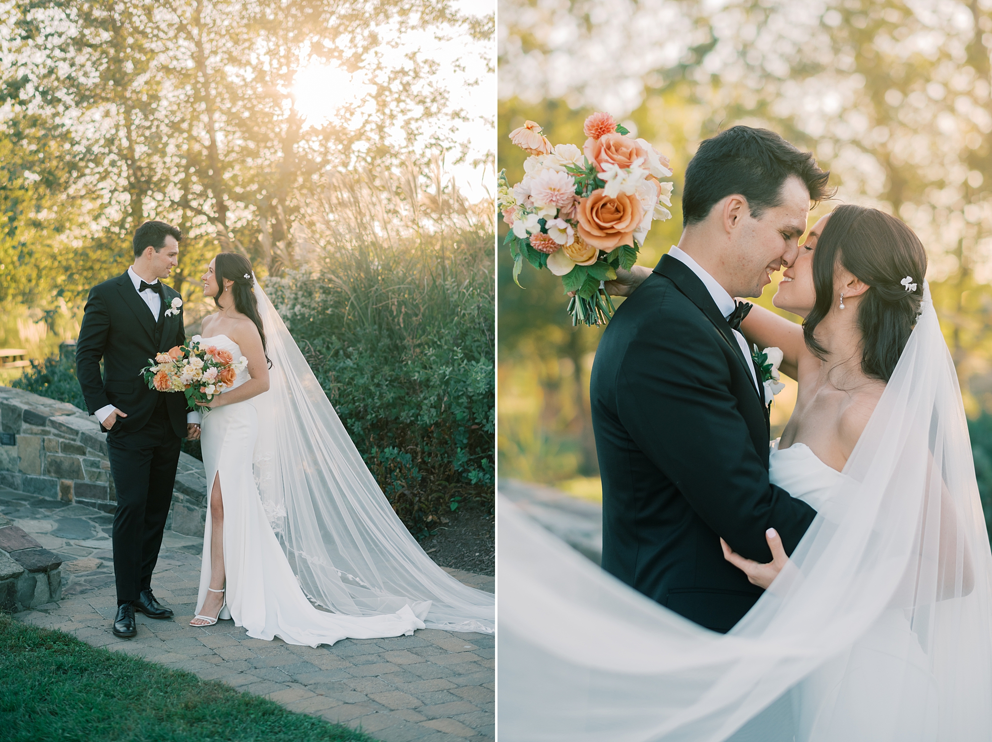 bride and groom hug with bouquet of peach and white flowers behind groom's head