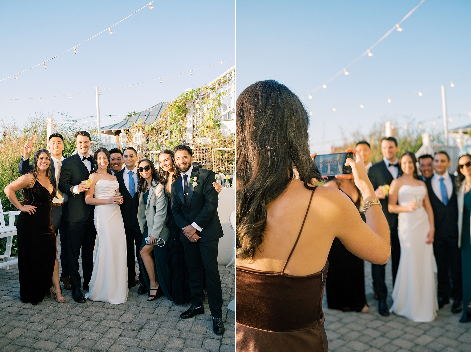 bride and groom pose with wedding guests on patio at Herrington on the Bay