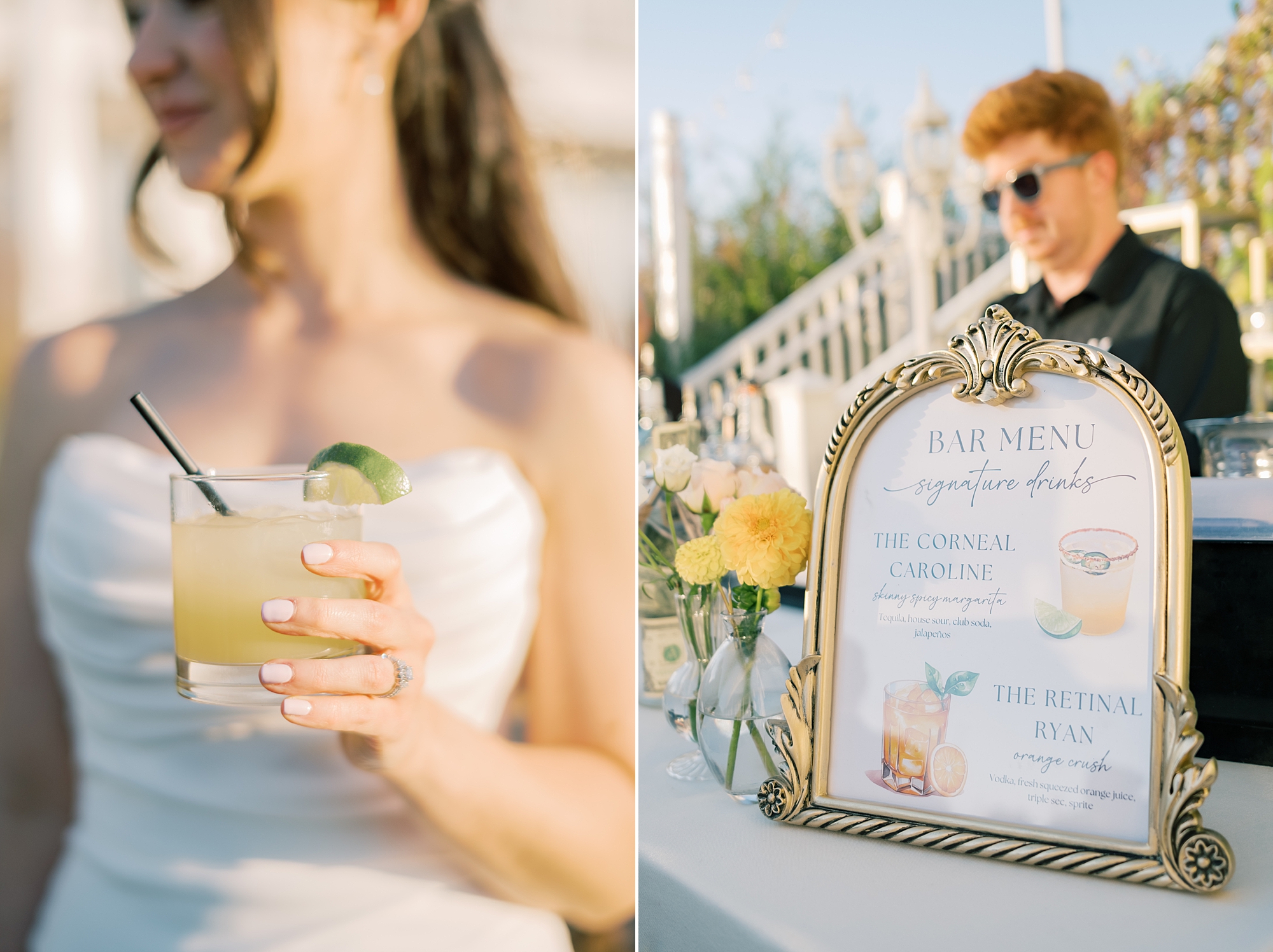 bride holds signature cocktail with lime on the rim