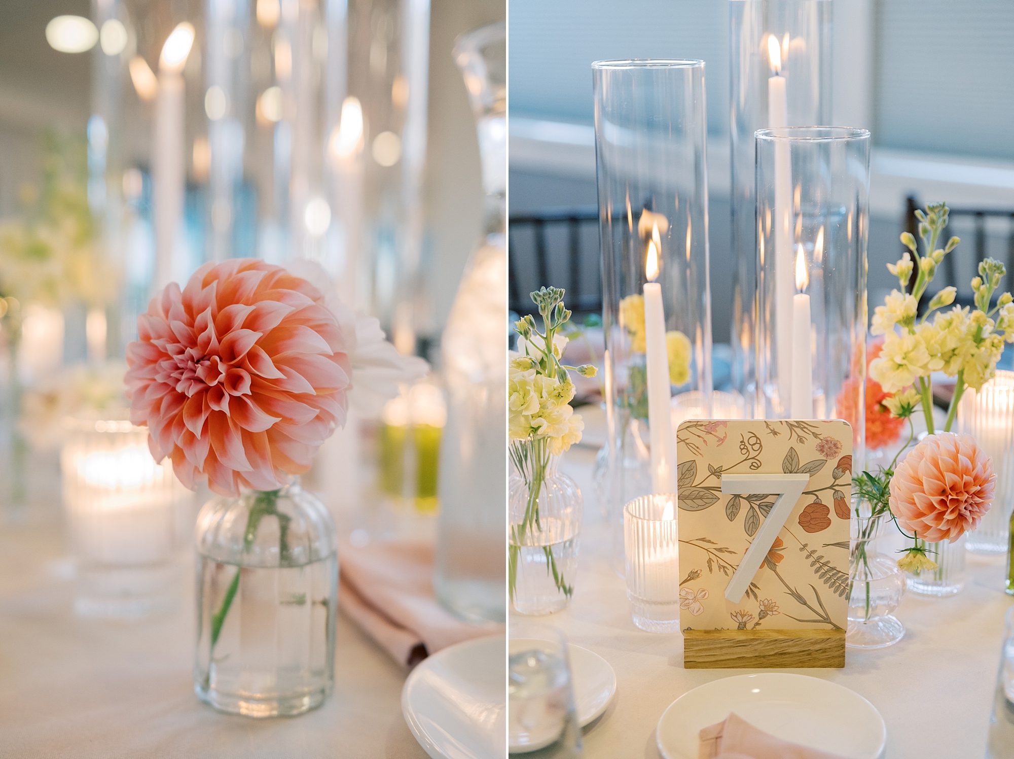 peach dahlia floral centerpieces for fall wedding reception at Herrington on the Bay