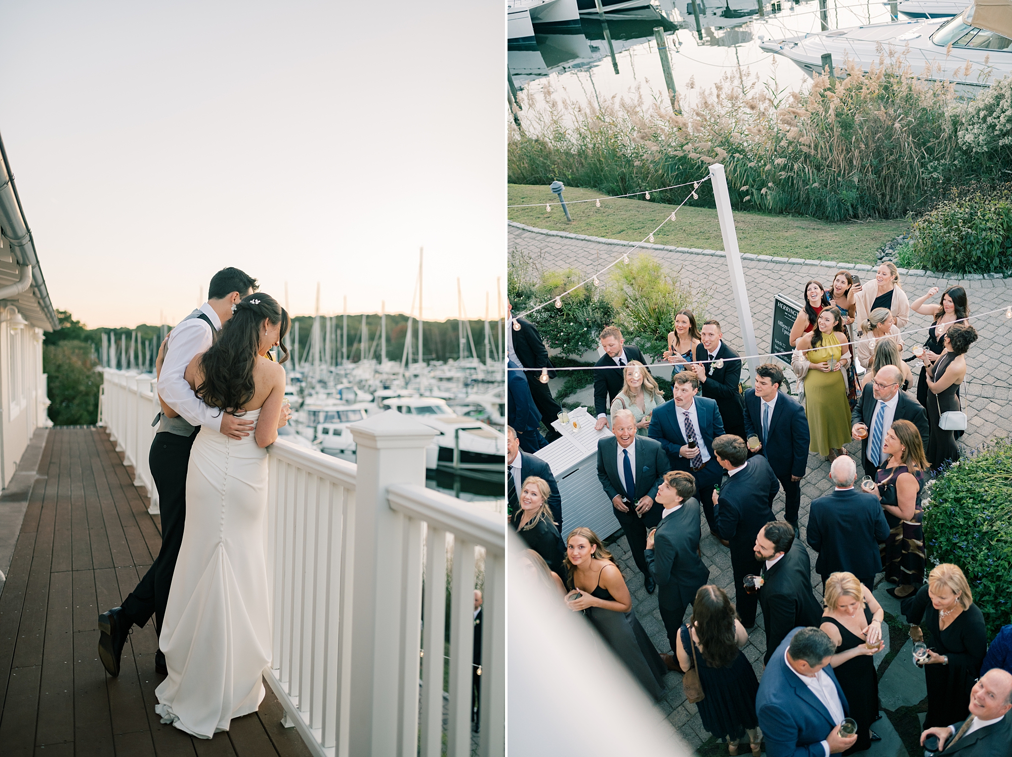 bride and groom stand on balcony at Herrington on the Bay with guests milling around for cocktail hour