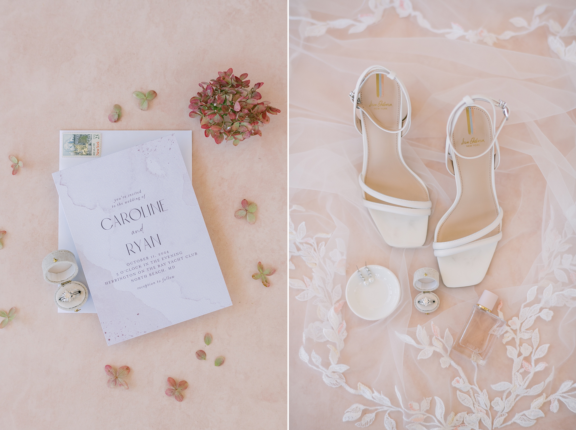 bride's white shoes rest on veil with black and white invitation suite 