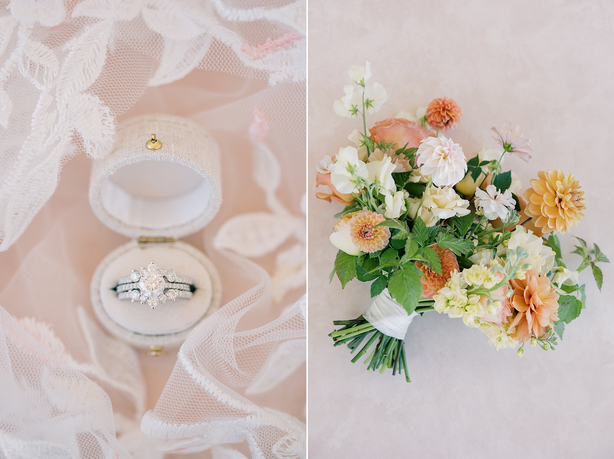 peach and white floral bouquet with rings in ivory box