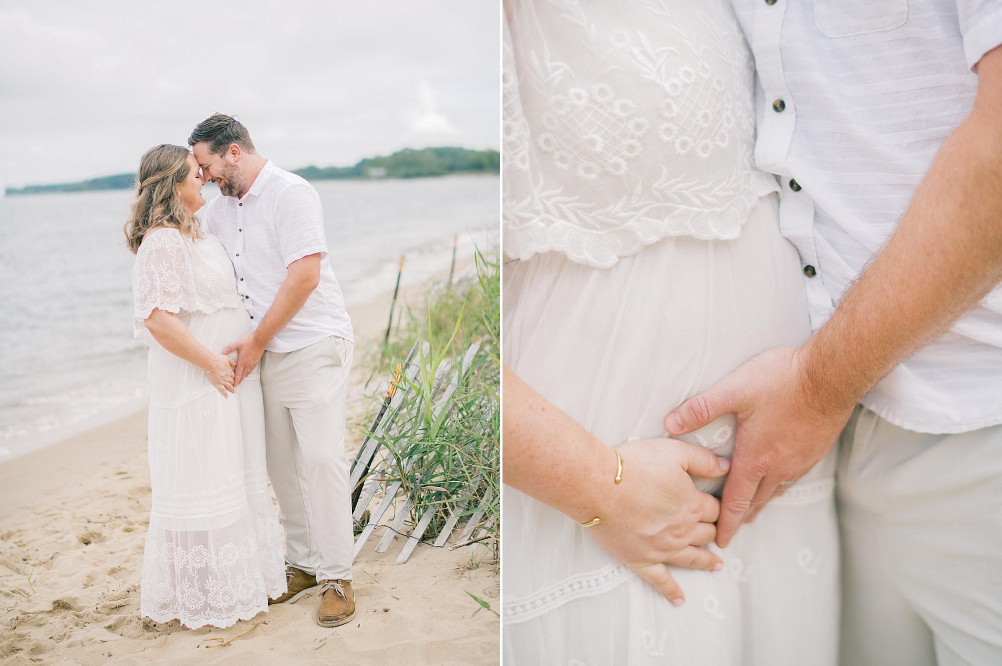 husband leans to kiss wife while holding her hand on baby bump 